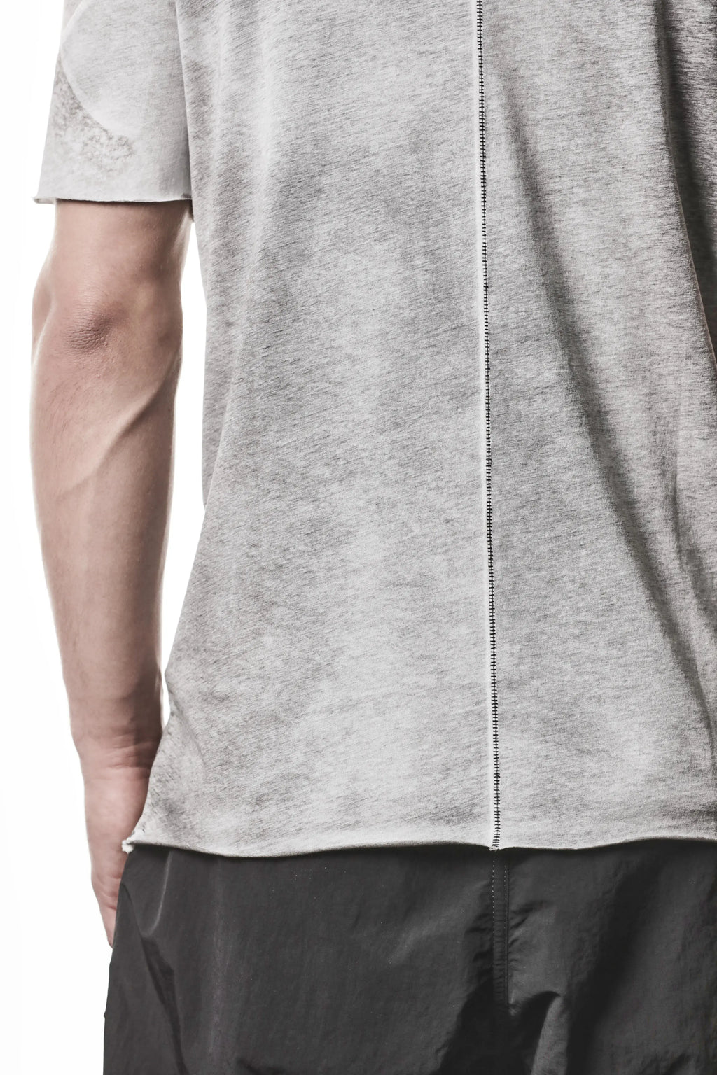 Thom Krom, Mens T-Shirt, Spray Grey, Cotton Jersey with breathability Inserts, Viscose Linen Inserts, Crewneck, Short Sleeves, Lightweight, 100% Cotton, Signature Cross Back Seams, The Night is your friend, my love, Top Length Showcase. 