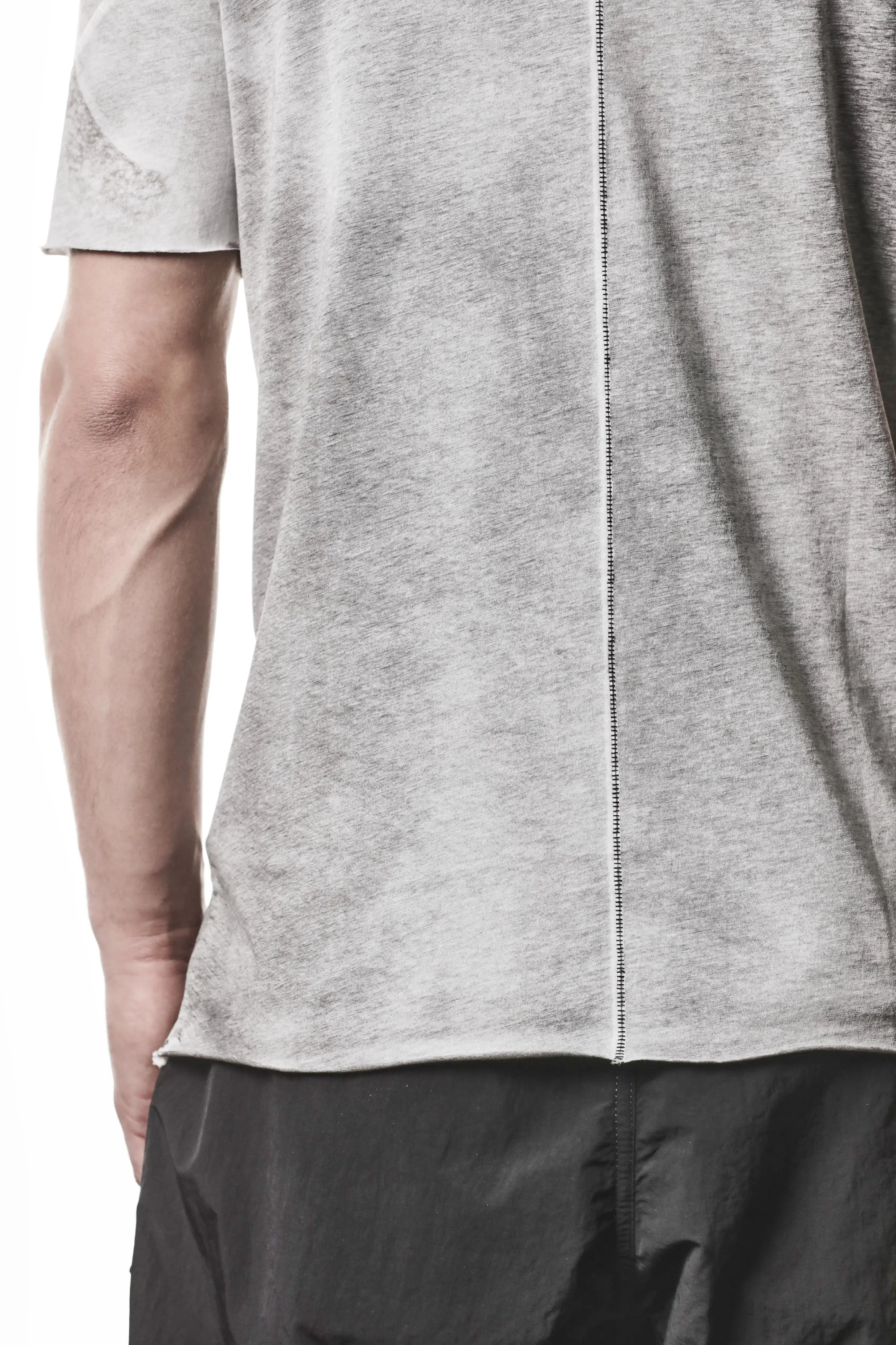 Thom Krom, Mens T-Shirt, Spray Grey, Cotton Jersey with breathability Inserts, Viscose Linen Inserts, Crewneck, Short Sleeves, Lightweight, 100% Cotton, Signature Cross Back Seams, The Night is your friend, my love, Top Length Showcase. 