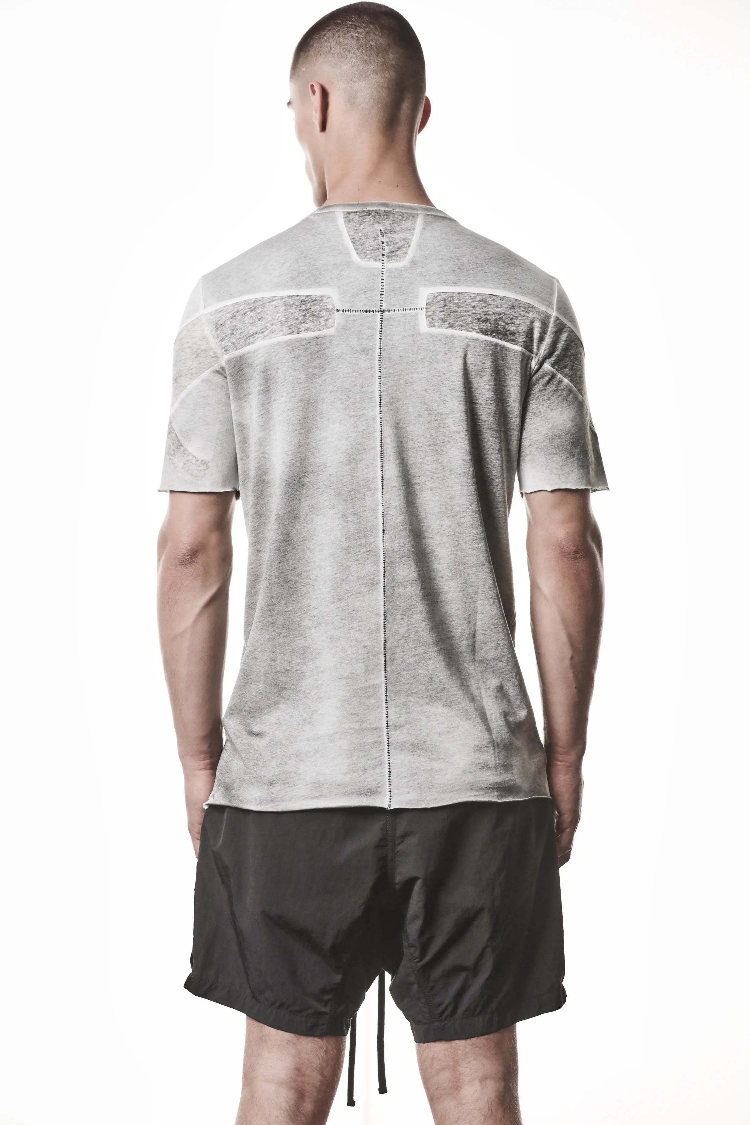 Thom Krom, Mens T-Shirt, Spray Grey, Cotton Jersey with breathability Inserts, Viscose Linen Inserts, Crewneck, Short Sleeves, Lightweight, 100% Cotton, Signature Cross Back Seams, The Night is your friend, my love, Back View. 