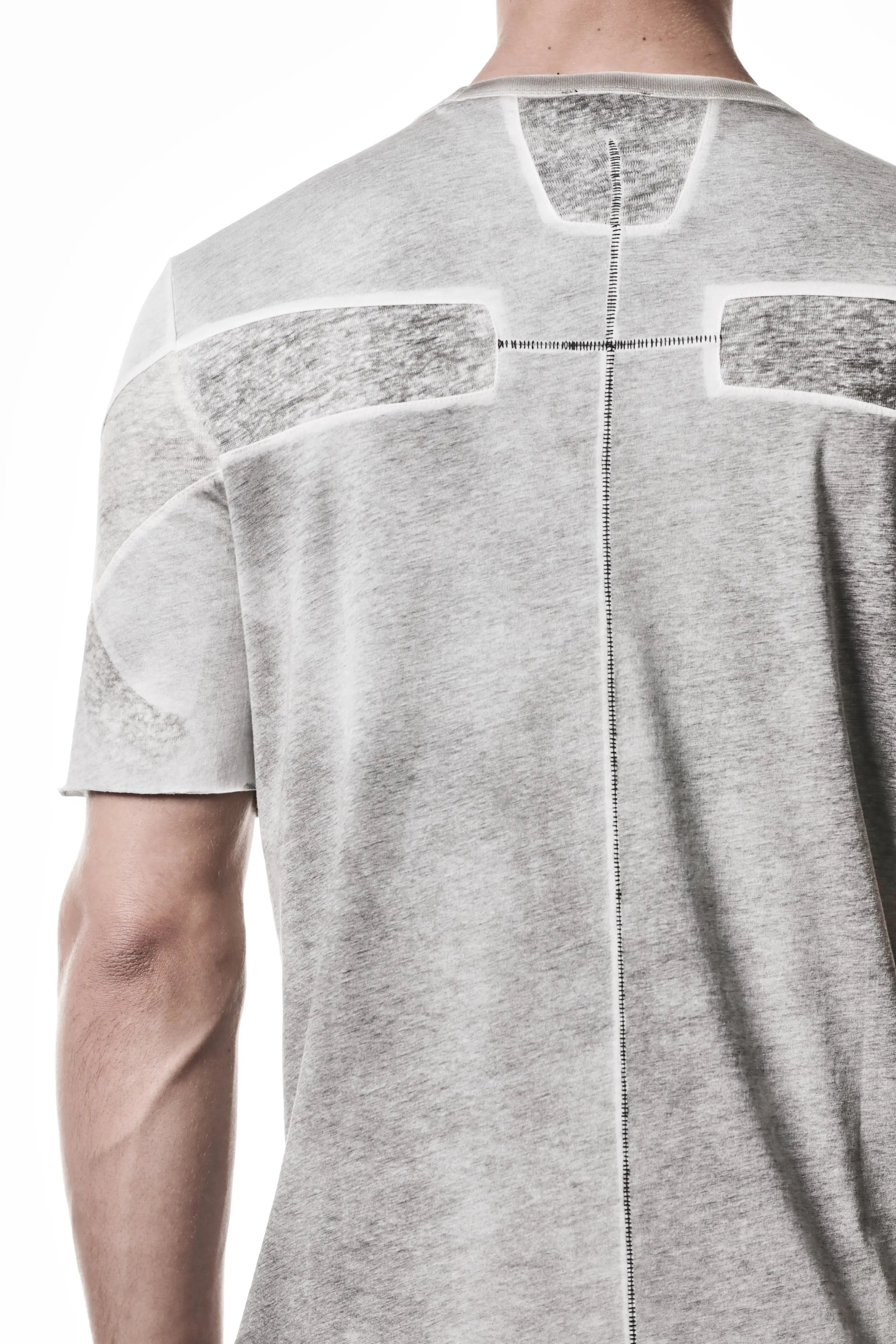 Thom Krom, Mens T-Shirt, Spray Grey, Cotton Jersey with breathability Inserts, Viscose Linen Inserts, Crewneck, Short Sleeves, Lightweight, 100% Cotton, Signature Cross Back Seams, The Night is your friend, my love, Breathability Inserts Showcase. 