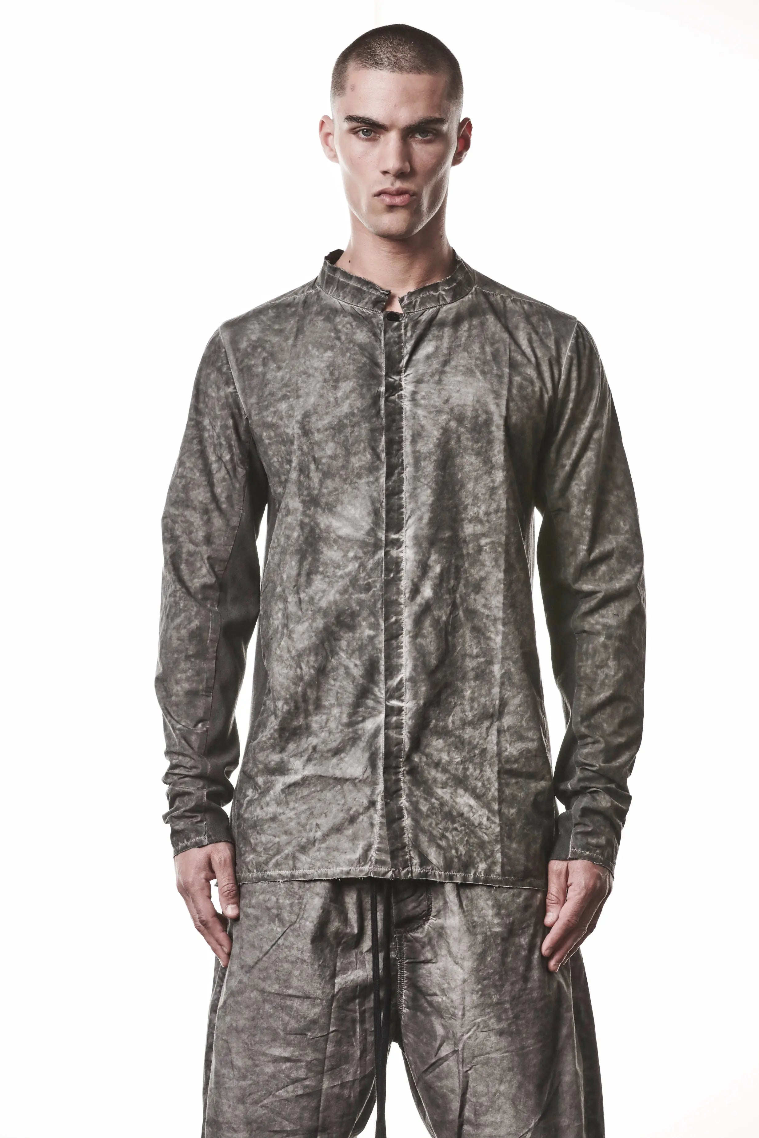 Thom Krom, Mens Shirt, Vegetal Black, Cotton Ribbed Inserts, Buttons, Stand-up collar, 100% Cotton, Garment Dyed, Slim Fit, Front Portrait. 