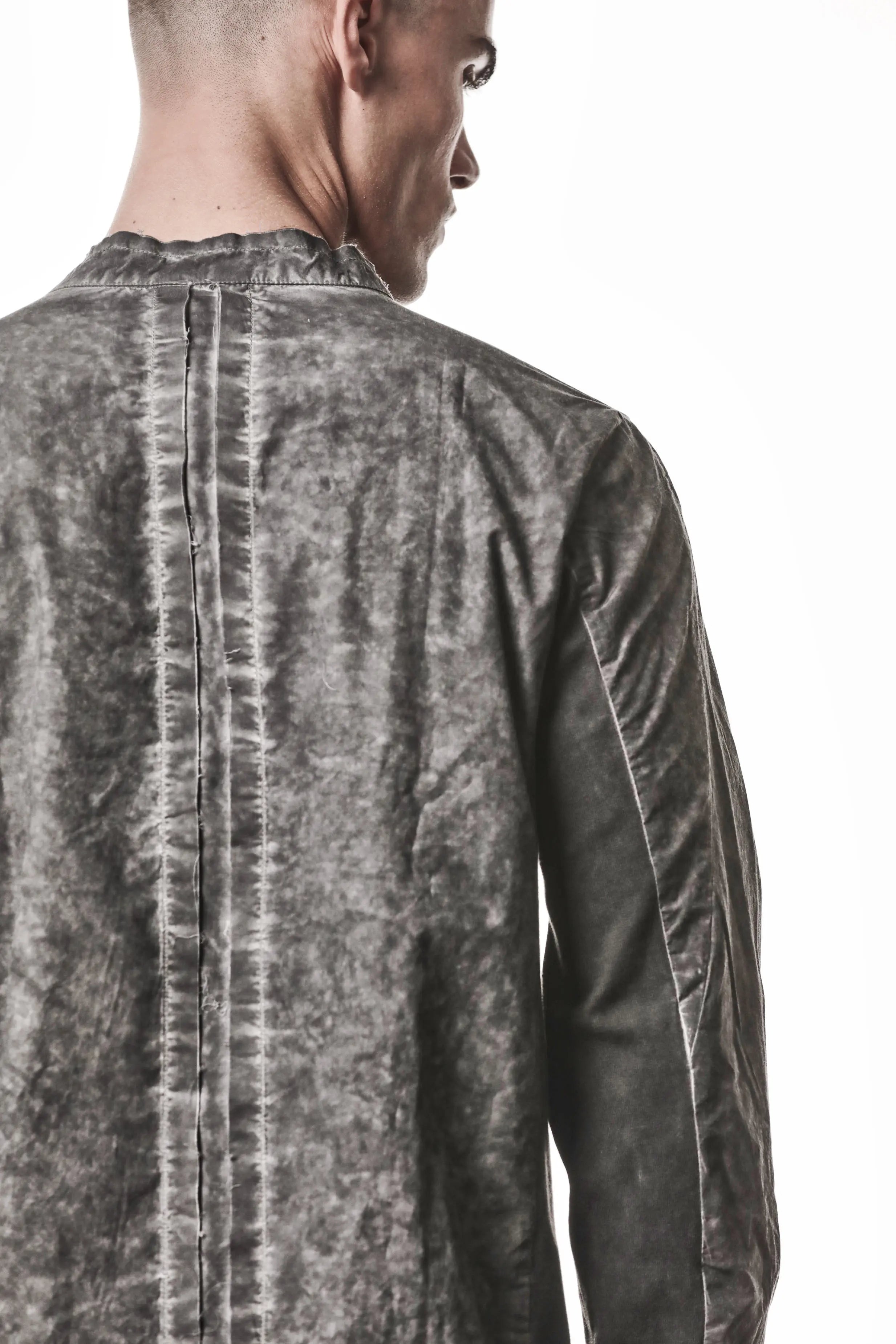 Thom Krom, Mens Shirt, Vegetal Black, Cotton Ribbed Inserts, Buttons, Stand-up collar, 100% Cotton, Garment Dyed, Slim Fit, Sleeve Inserts Close-up. 