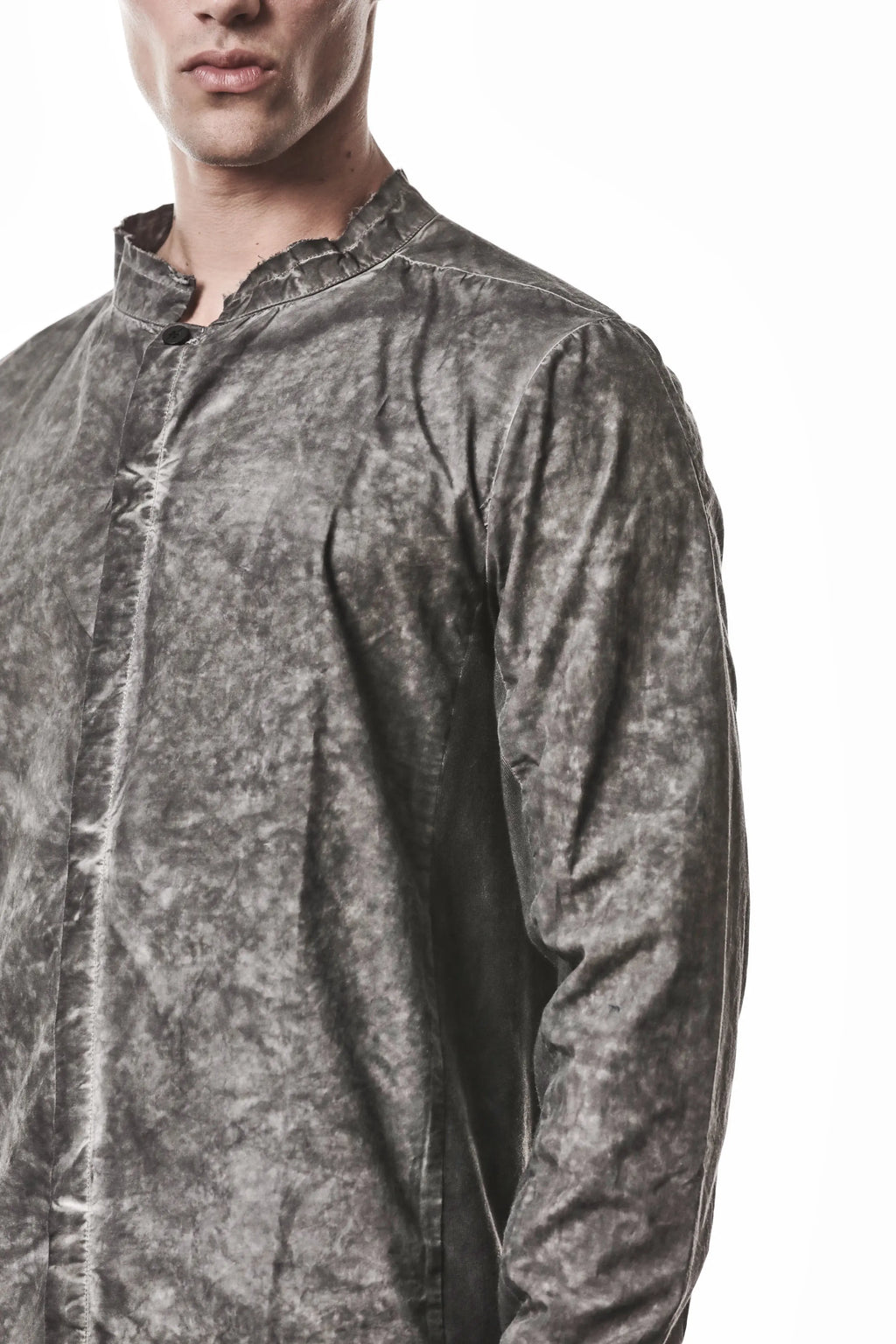 Thom Krom, Mens Shirt, Vegetal Black, Cotton Ribbed Inserts, Buttons, Stand-up collar, 100% Cotton, Garment Dyed, Slim Fit, Front Fit Close-up. 