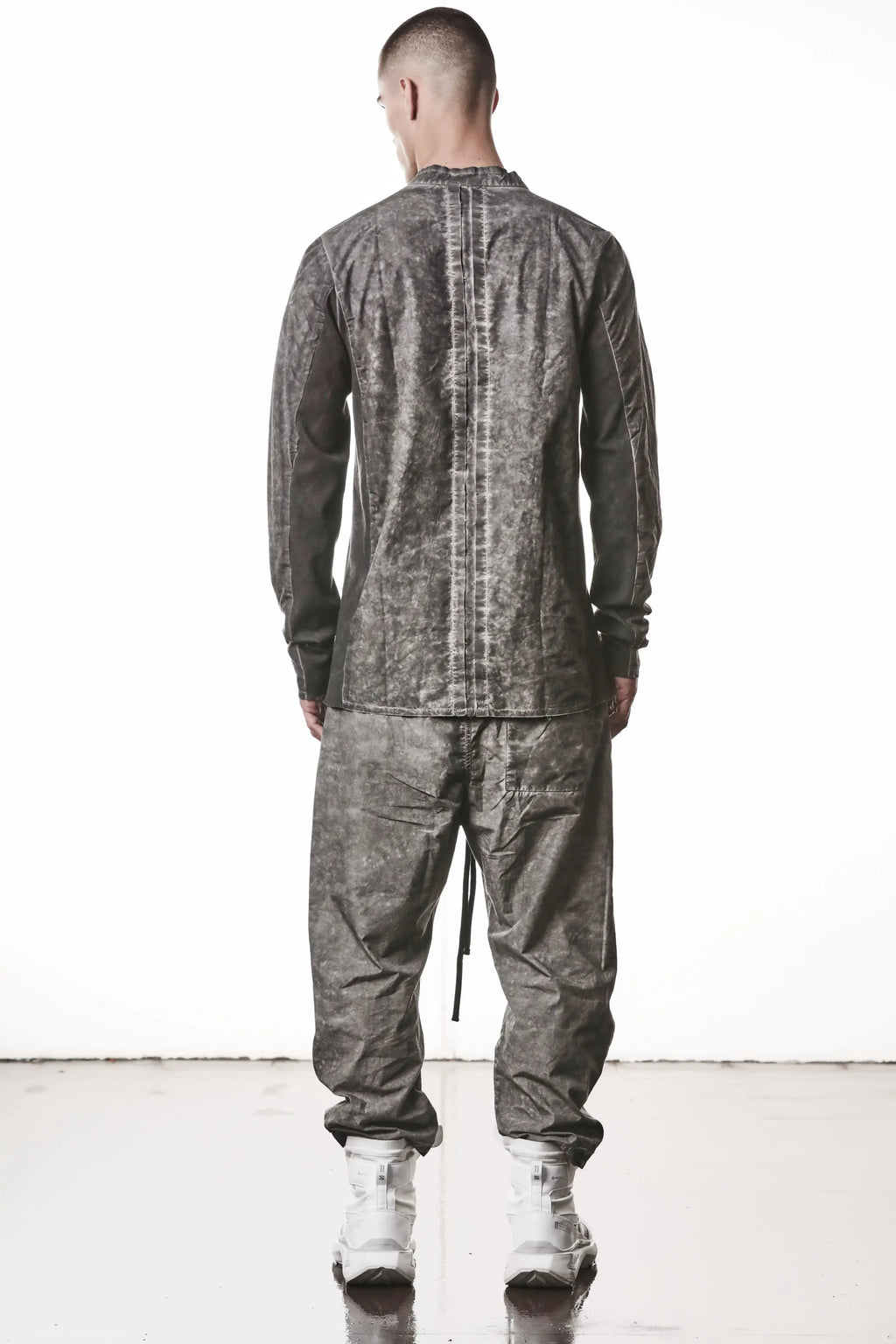 Thom Krom, Mens Shirt, Vegetal Black, Cotton Ribbed Inserts, Buttons, Stand-up collar, 100% Cotton, Garment Dyed, Slim Fit, Full Body Back View. 