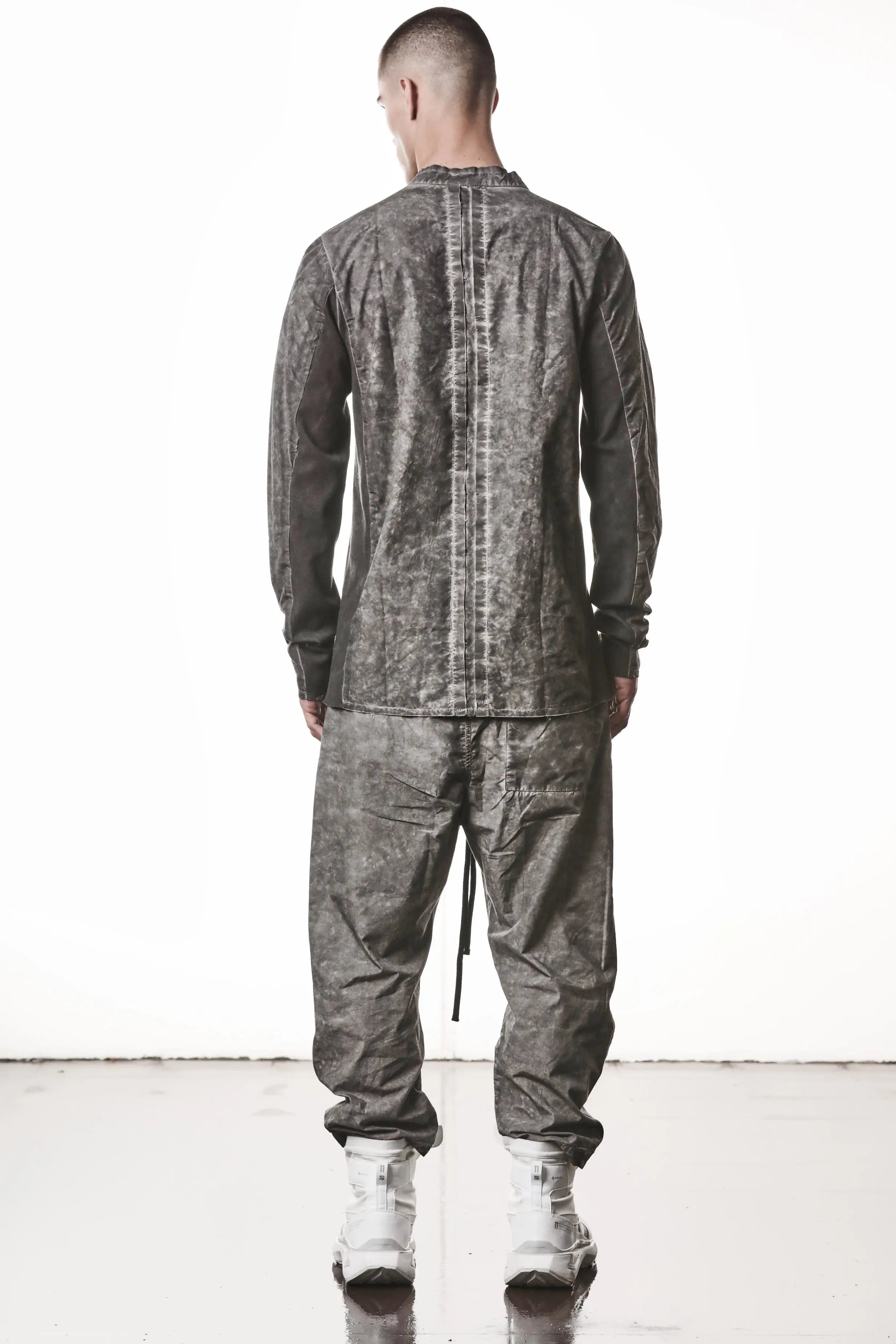 Thom Krom, Mens Shirt, Vegetal Black, Cotton Ribbed Inserts, Buttons, Stand-up collar, 100% Cotton, Garment Dyed, Slim Fit, Full Body Back View. 
