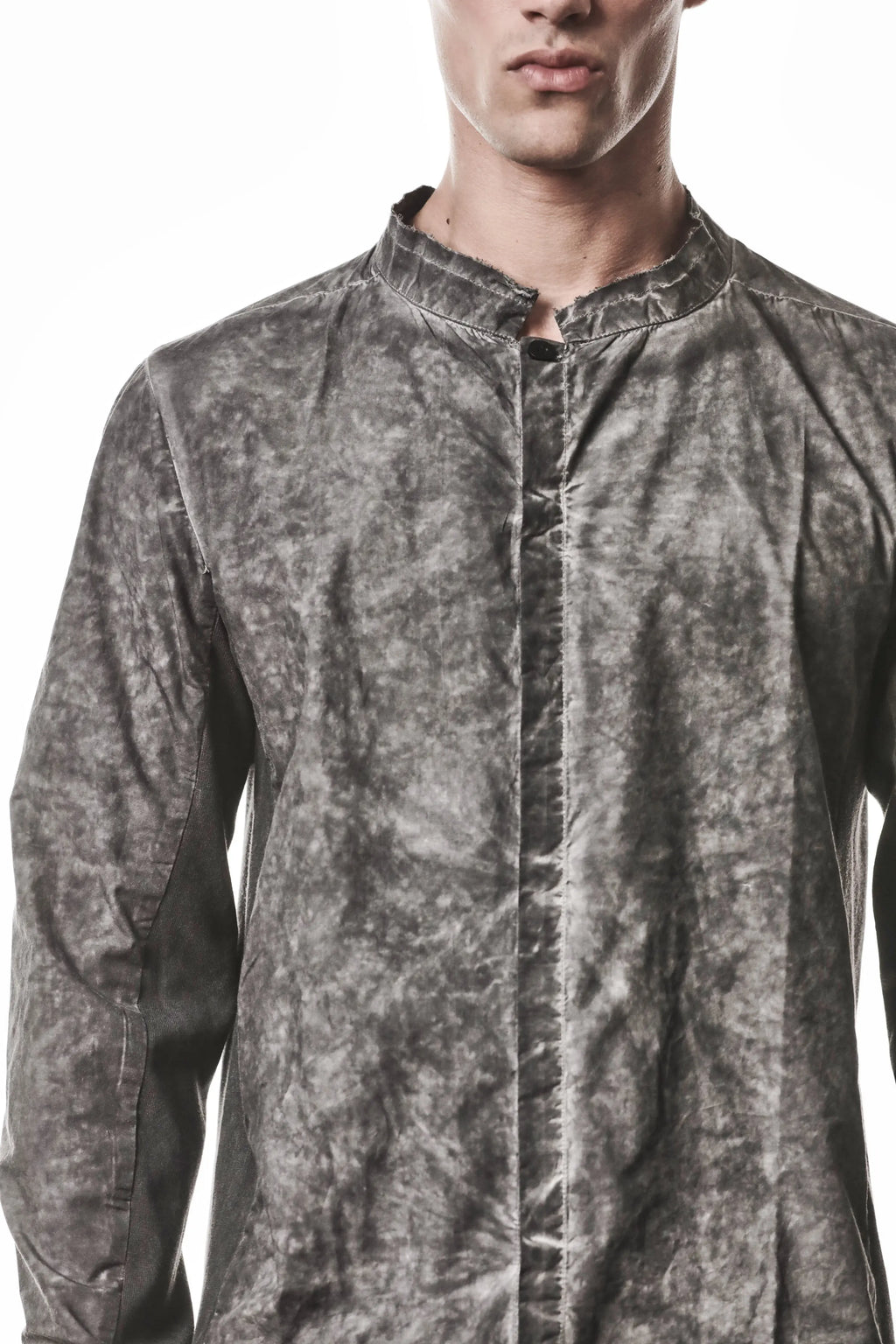 Thom Krom, Mens Shirt, Vegetal Black, Cotton Ribbed Inserts, Buttons, Stand-up collar, 100% Cotton, Garment Dyed, Slim Fit, Front Closed Showcase. 