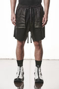 Thom Krom, Mens Shorts, Black, Hidden Zip Pockets, Elasticated Waistband, Linen Inserts, Drawstring, Side Pockets, Back Pockets, The night is your friend, my love, Front Portrait. 