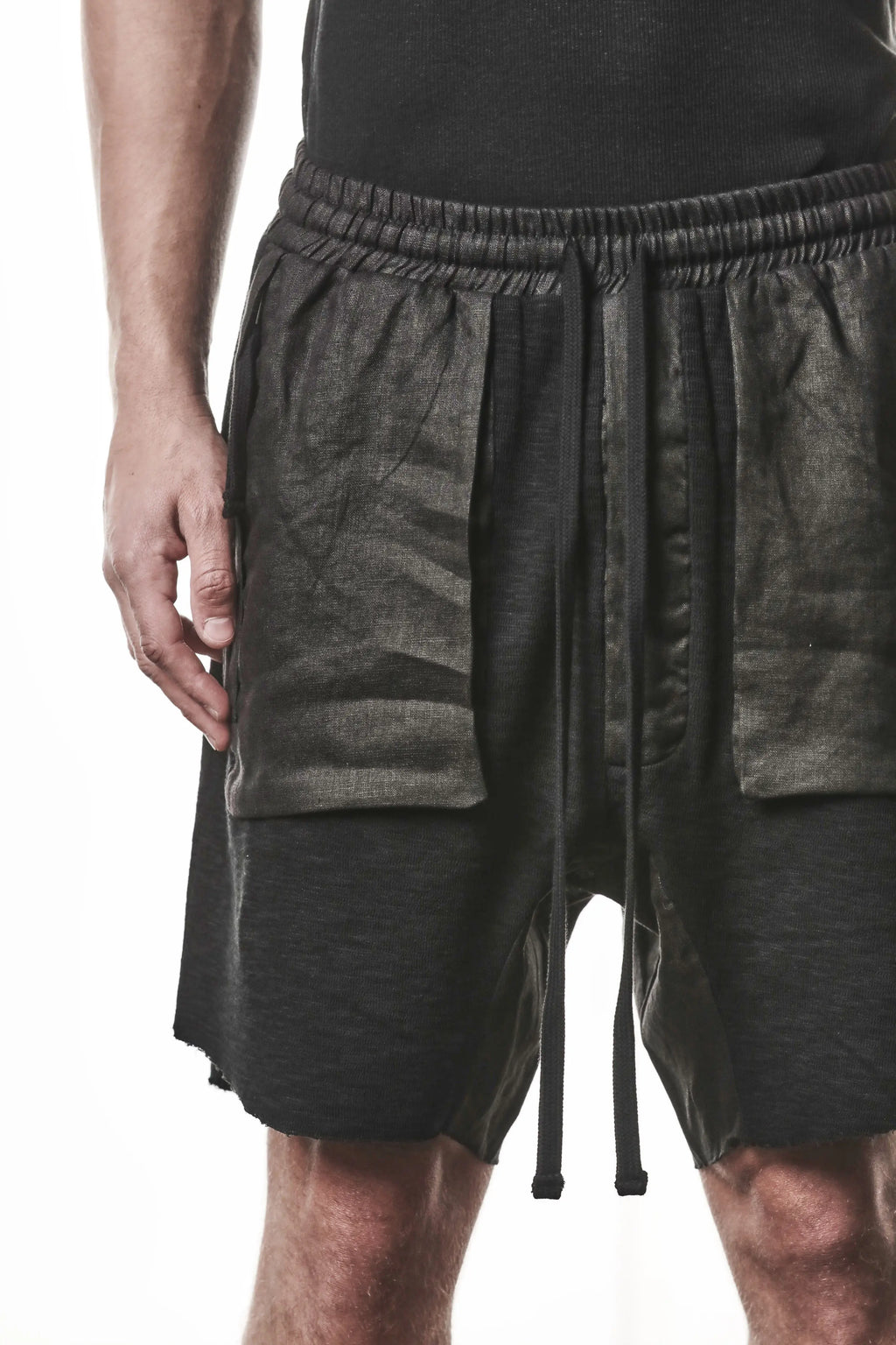 Thom Krom, Mens Shorts, Black, Hidden Zip Pockets, Elasticated Waistband, Linen Inserts, Drawstring, Side Pockets, Back Pockets, The night is your friend, my love, Linen Inserts Showcase Close-up. 