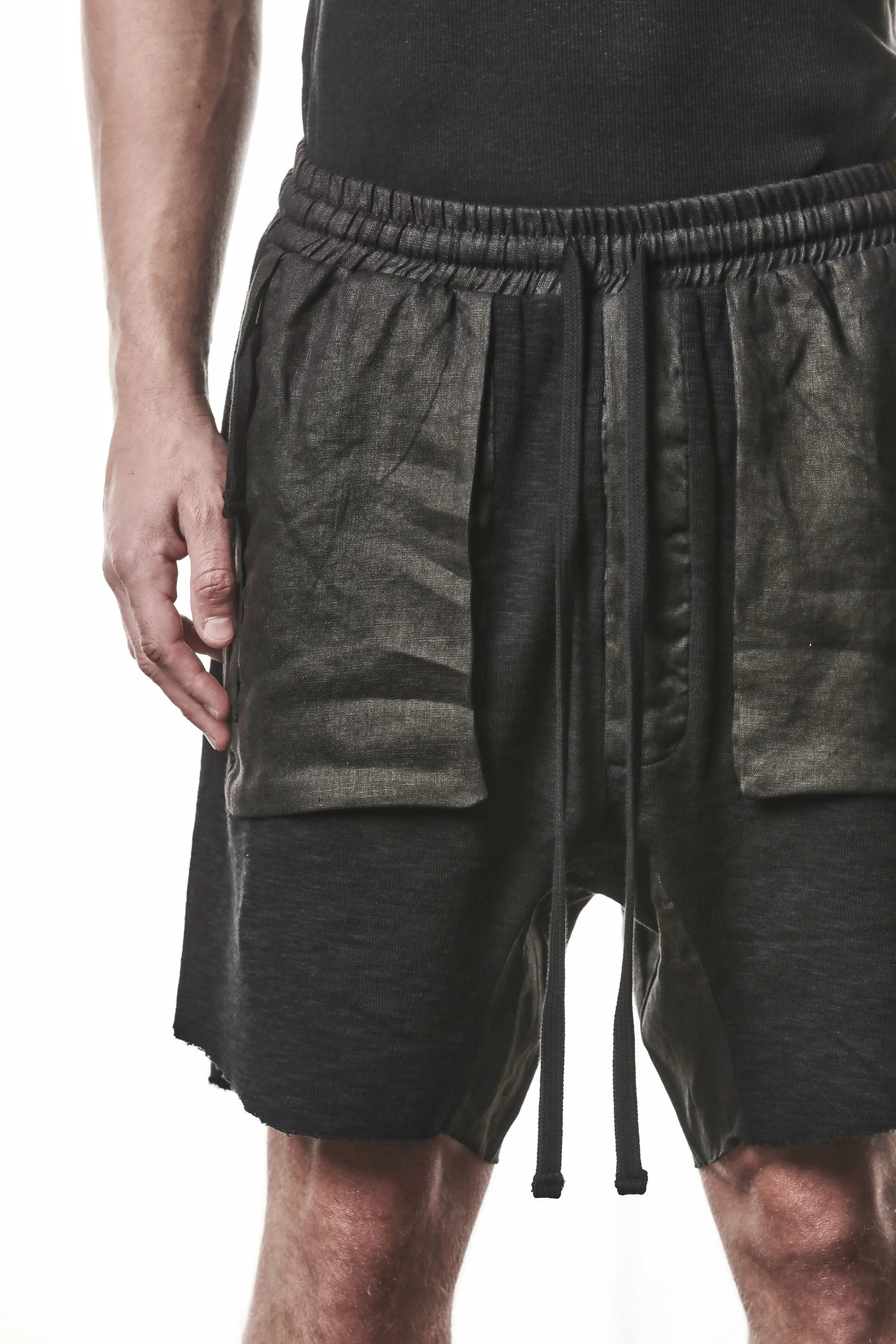 Thom Krom, Mens Shorts, Black, Hidden Zip Pockets, Elasticated Waistband, Linen Inserts, Drawstring, Side Pockets, Back Pockets, The night is your friend, my love, Linen Inserts Showcase Close-up. 