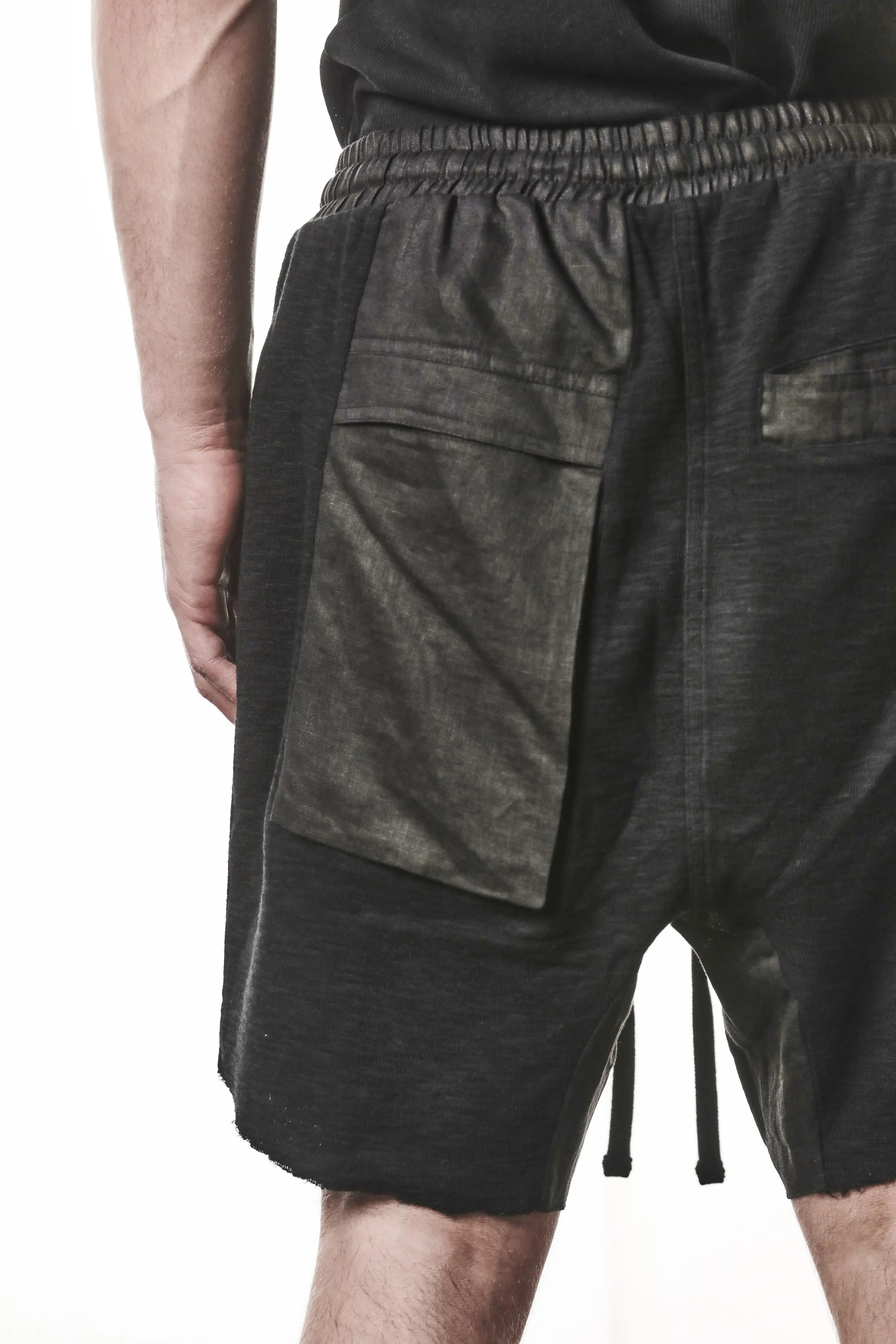 Thom Krom, Mens Shorts, Black, Hidden Zip Pockets, Elasticated Waistband, Linen Inserts, Drawstring, Side Pockets, Back Pockets, The night is your friend, my love, Back Pocket Close-up. 