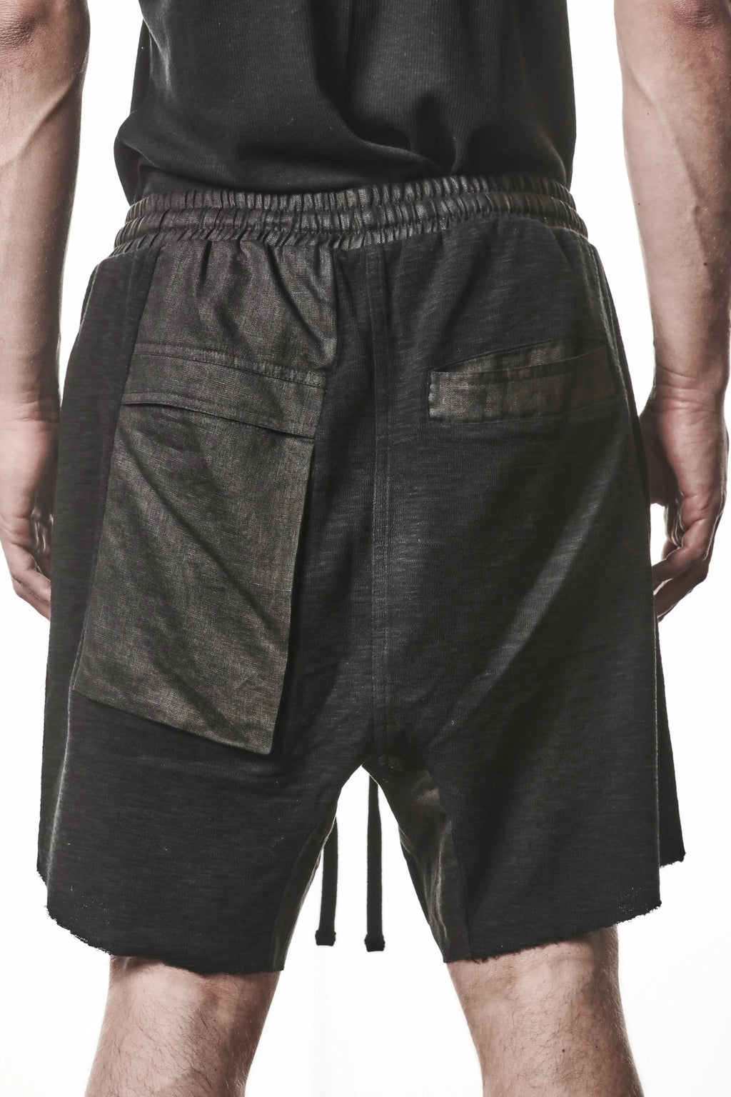 Thom Krom, Mens Shorts, Black, Hidden Zip Pockets, Elasticated Waistband, Linen Inserts, Drawstring, Side Pockets, Back Pockets, The night is your friend, my love, Back View Close-up. 
