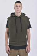 Thom Krom, Mens Vest, Green, Hooded, Sleeveless Hoodie, Hooded Sleveless Sweatshirt, Drawstring Hood, Front Pocket, Ribbed Hem, Raglan Sleeves, Raw-Cut Sleeve Holes, Front Portrait. 