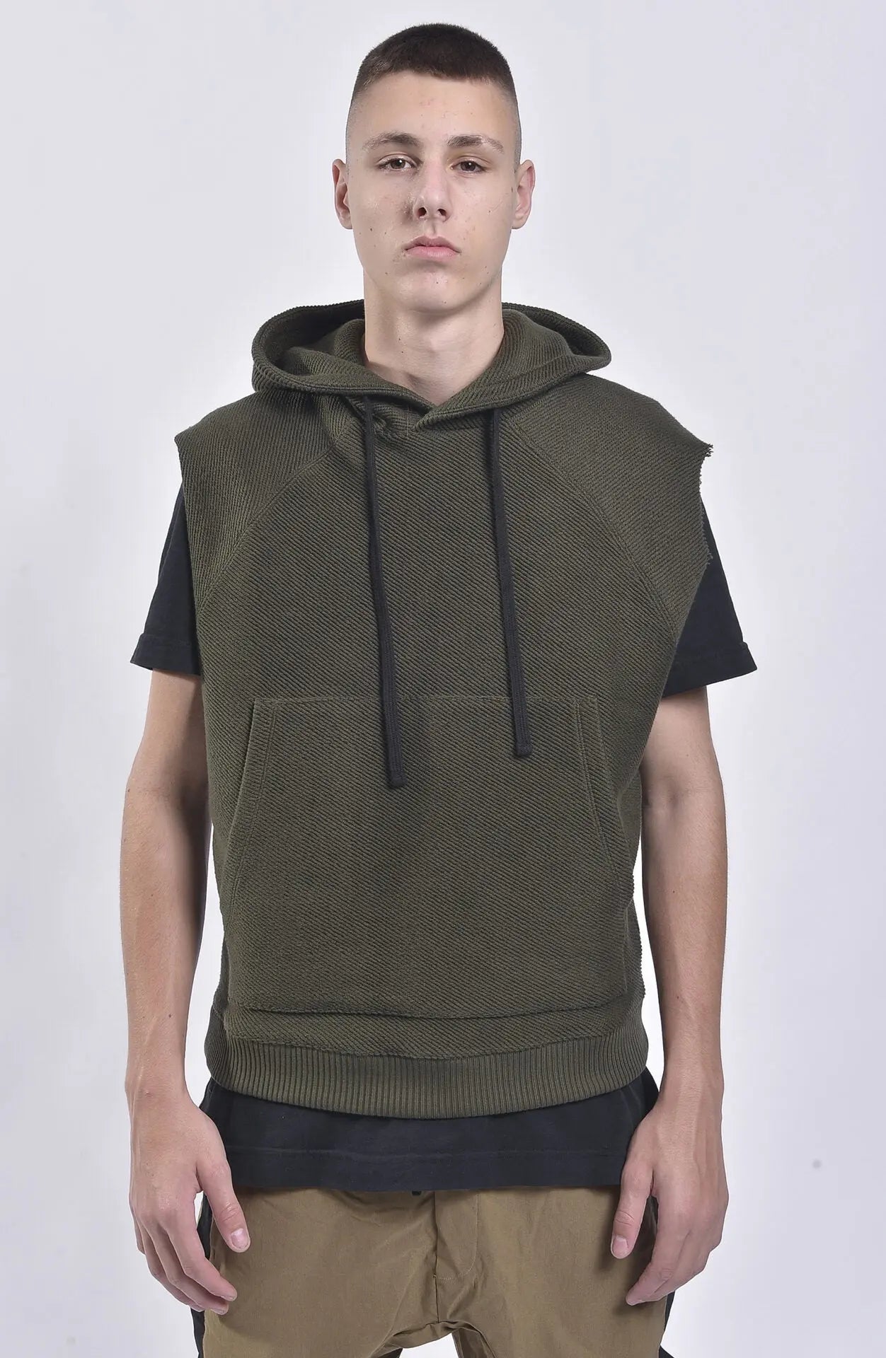 Thom Krom, Mens Vest, Green, Hooded, Sleeveless Hoodie, Hooded Sleveless Sweatshirt, Drawstring Hood, Front Pocket, Ribbed Hem, Raglan Sleeves, Raw-Cut Sleeve Holes, Front Portrait. 