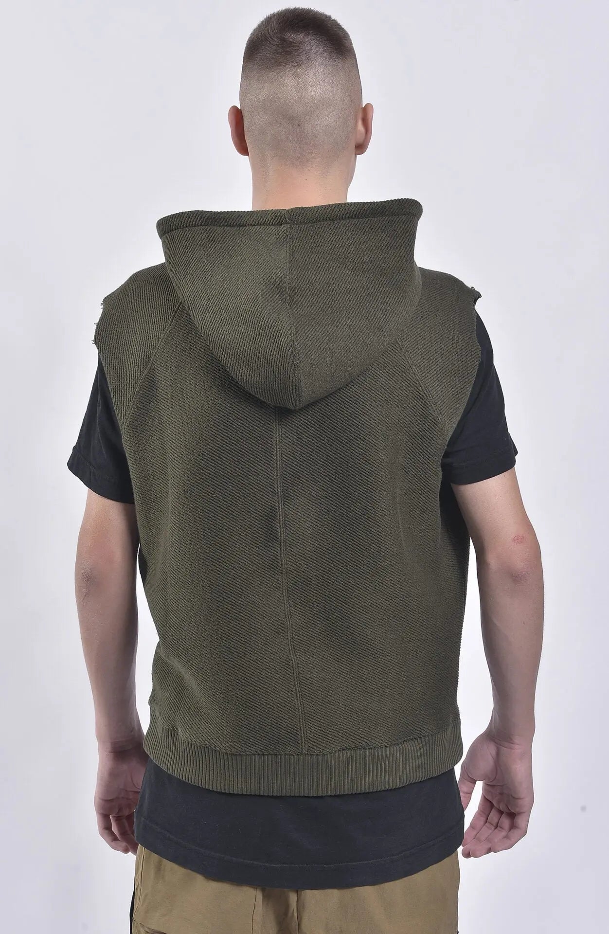 Thom Krom, Mens Vest, Green, Hooded, Sleeveless Hoodie, Hooded Sleveless Sweatshirt, Drawstring Hood, Front Pocket, Ribbed Hem, Raglan Sleeves, Raw-Cut Sleeve Holes, Back Portrait. 