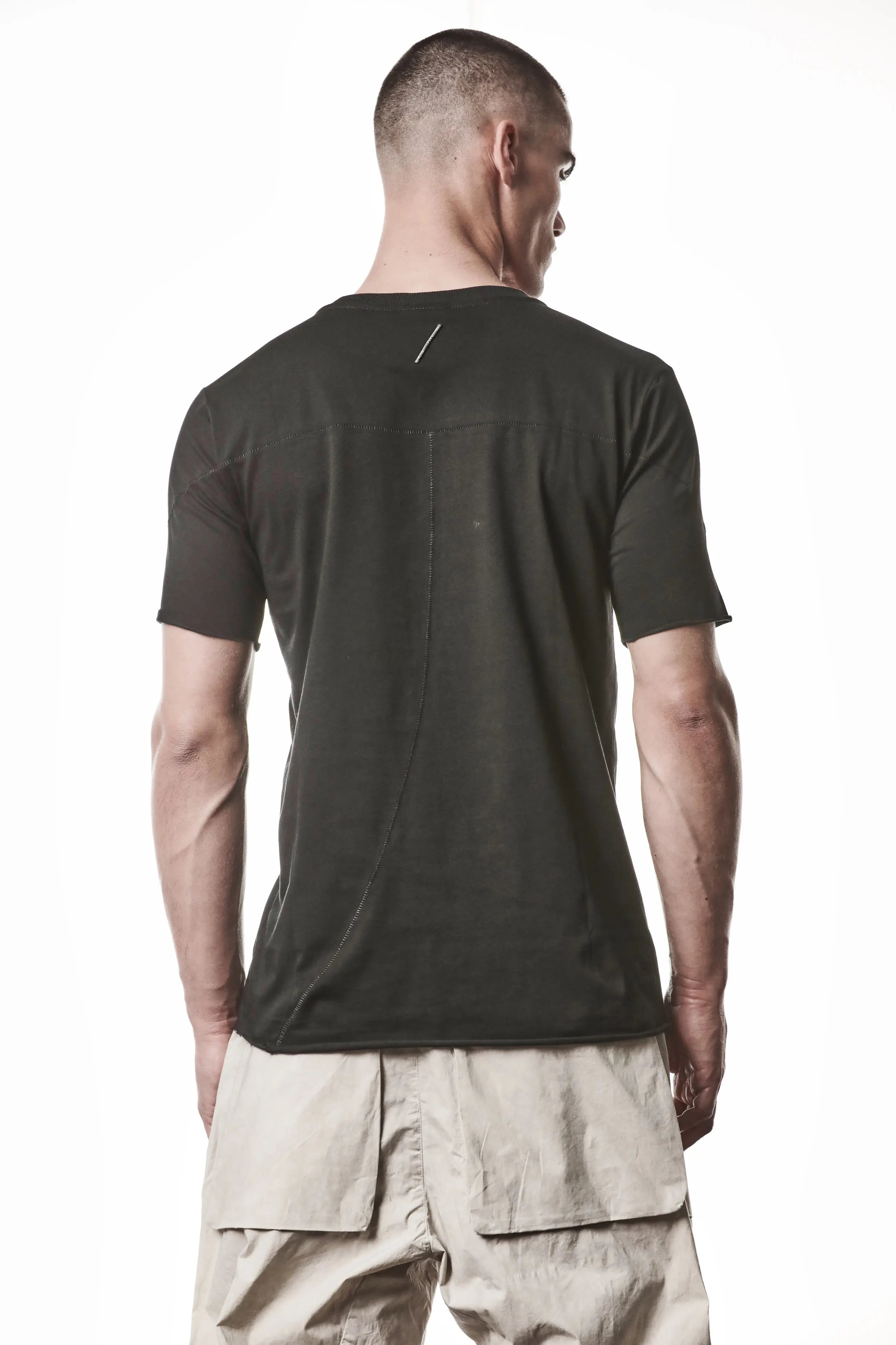 Thom Krom, Mens T-Shirt, Black, Raw-Cut Hem, Elastic Neck, 100% Cotton, Short Sleeves, Crewneck, Round Neck, White Cross Seams, Back Seams, Embroidered Logo, Back Portrait. 