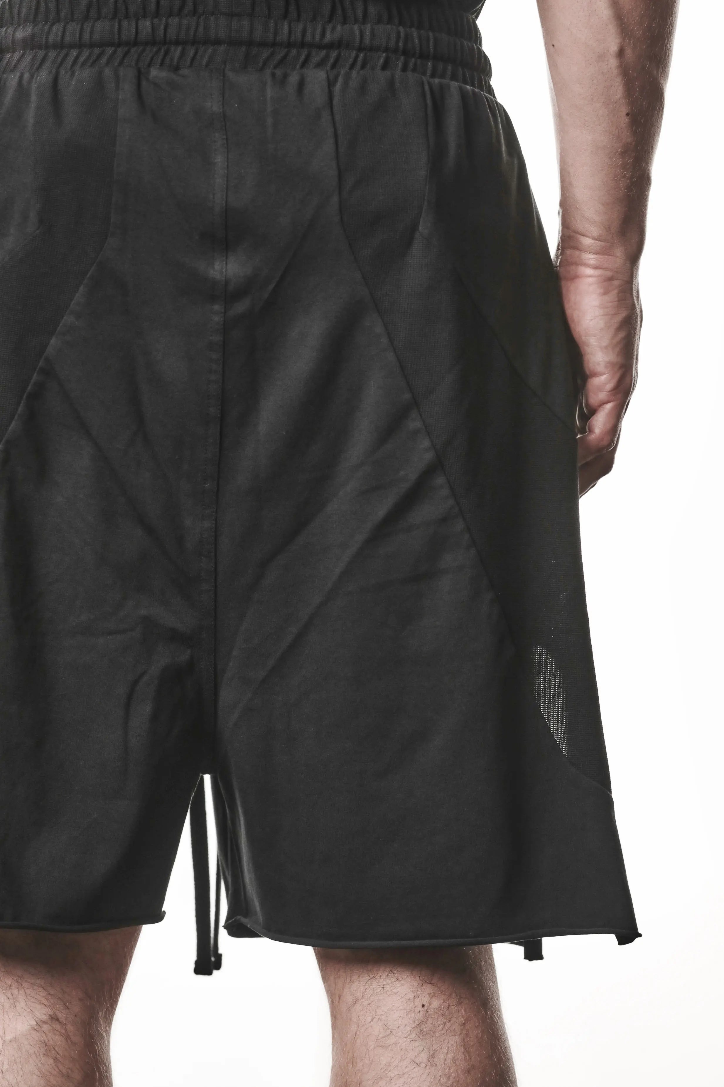 Thom Krom, Mens Shorts, Black, Stretch Cotton, Cotton-Elastane Blend, Spandex, Elasticated Waistband, Drawstring, Side Pockets, Raw-Cut Side Slits, Inserts Back View Close-up. 