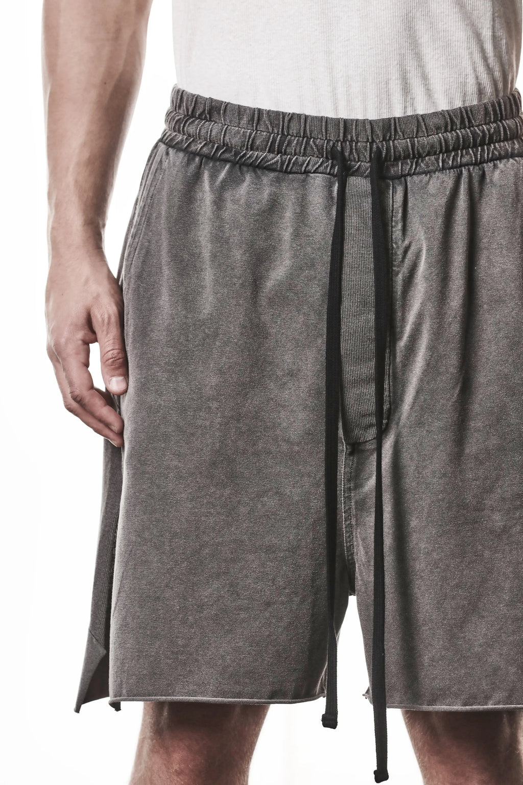 Thom Krom, Mens Shorts, Dark Used Grey, Stretch Cotton, Cotton-Elastane Blend, Spandex, Elasticated Waistband, Drawstring, Side Pockets, Raw-Cut Side Slits, Close-up View. 