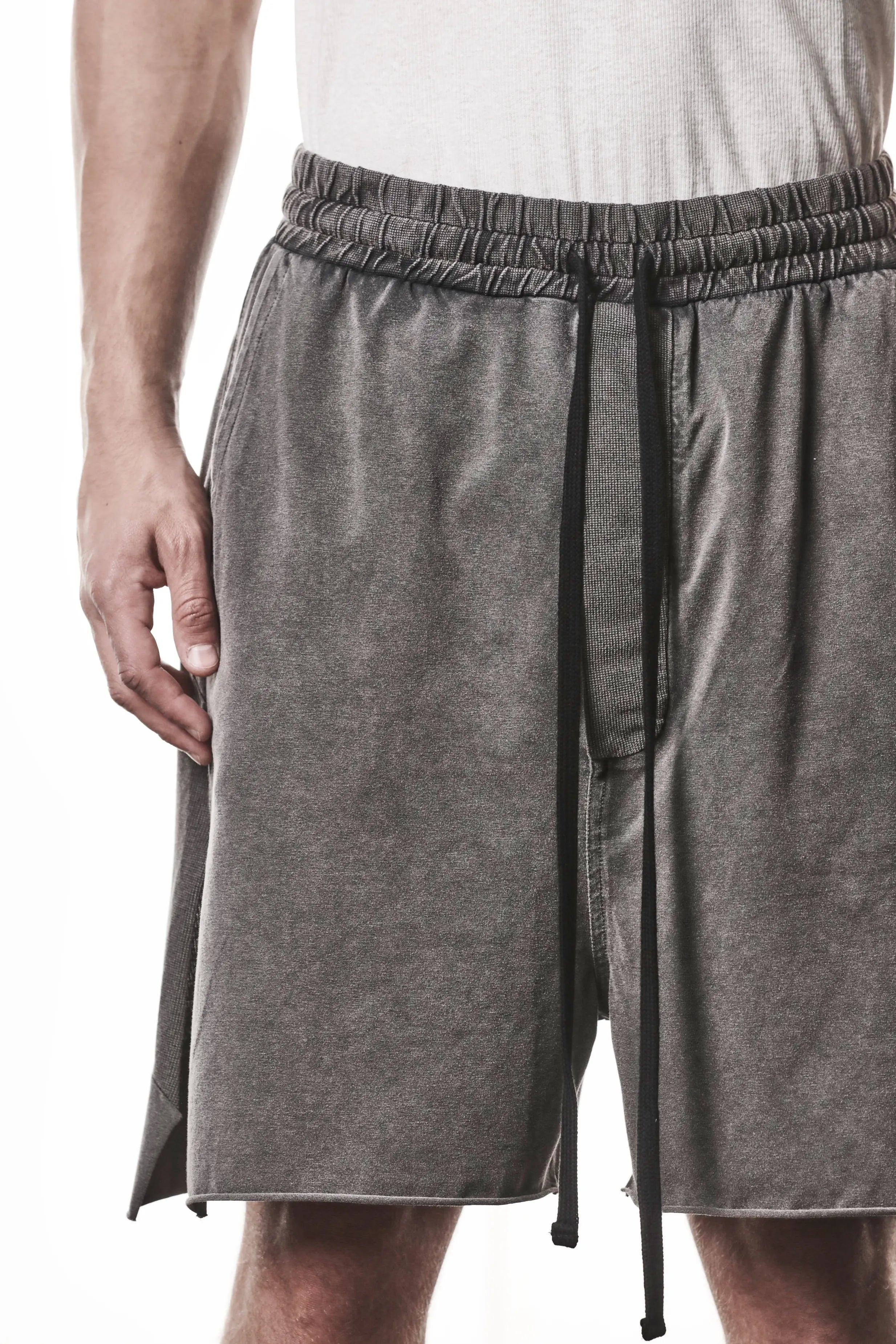 Thom Krom, Mens Shorts, Dark Used Grey, Stretch Cotton, Cotton-Elastane Blend, Spandex, Elasticated Waistband, Drawstring, Side Pockets, Raw-Cut Side Slits, Close-up View. 