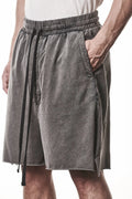 Thom Krom, Mens Shorts, Dark Used Grey, Stretch Cotton, Cotton-Elastane Blend, Spandex, Elasticated Waistband, Drawstring, Side Pockets, Raw-Cut Side Slits, Hand in Pockets Close-up. 