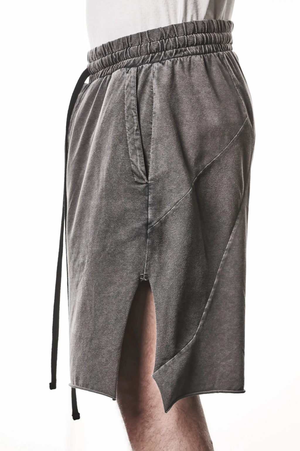 Thom Krom, Mens Shorts, Dark Used Grey, Stretch Cotton, Cotton-Elastane Blend, Spandex, Elasticated Waistband, Drawstring, Side Pockets, Raw-Cut Side Slits, Side View. 