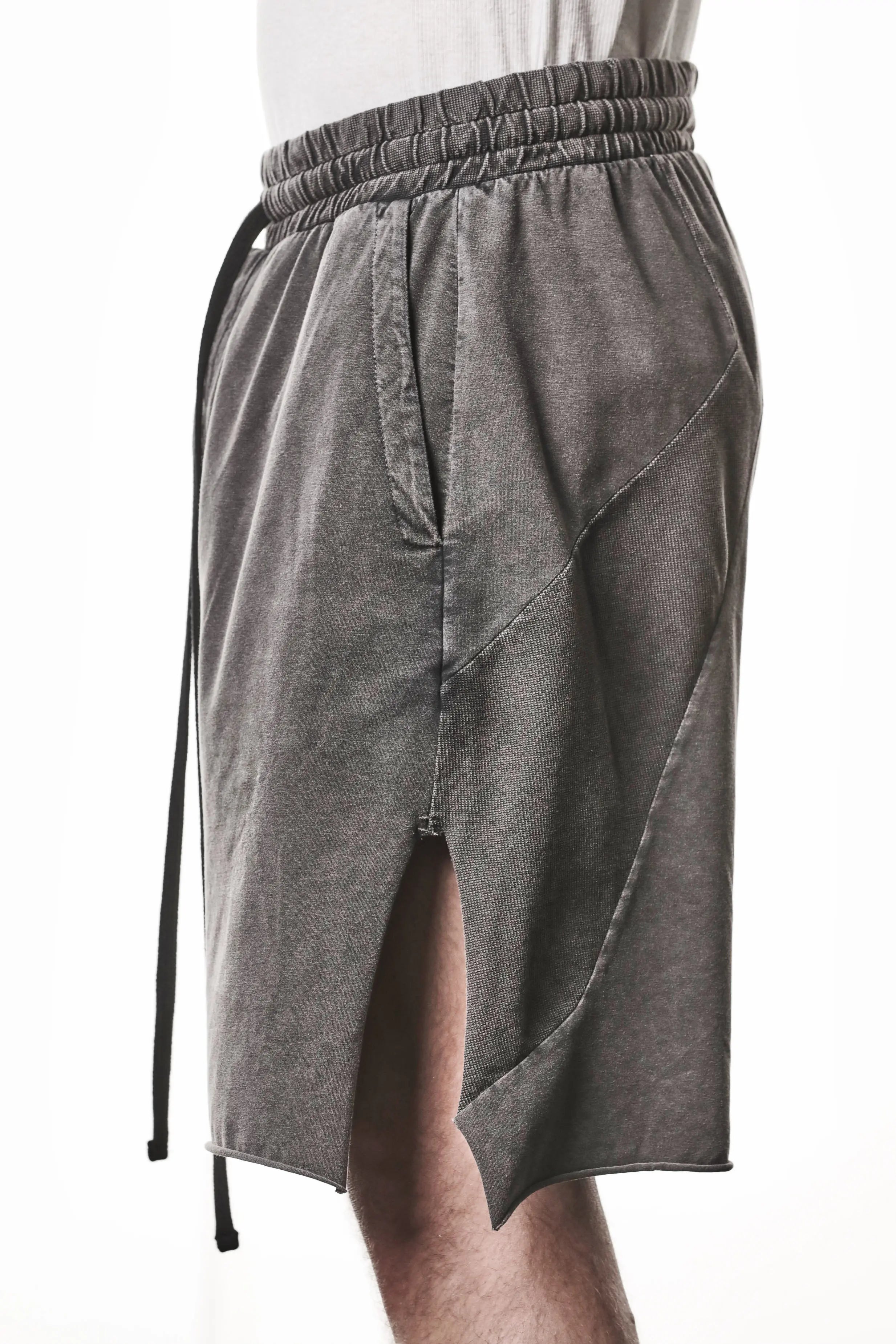 Thom Krom, Mens Shorts, Dark Used Grey, Stretch Cotton, Cotton-Elastane Blend, Spandex, Elasticated Waistband, Drawstring, Side Pockets, Raw-Cut Side Slits, Side View. 