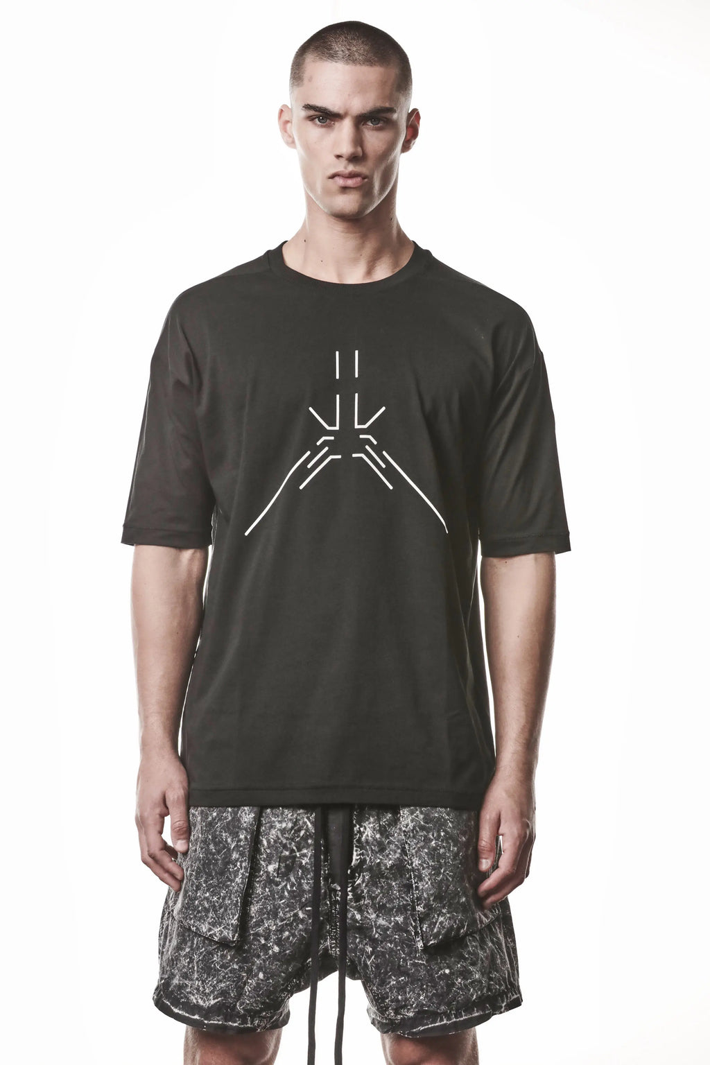 Thom Krom, Mens T-Shirt, Black, Reflective Print, Front Side Print, Short Sleeves, Elastic Cotton, Spandex, 1/2 Sleeves, Crewneck, Round Neck, Front Portrait. 