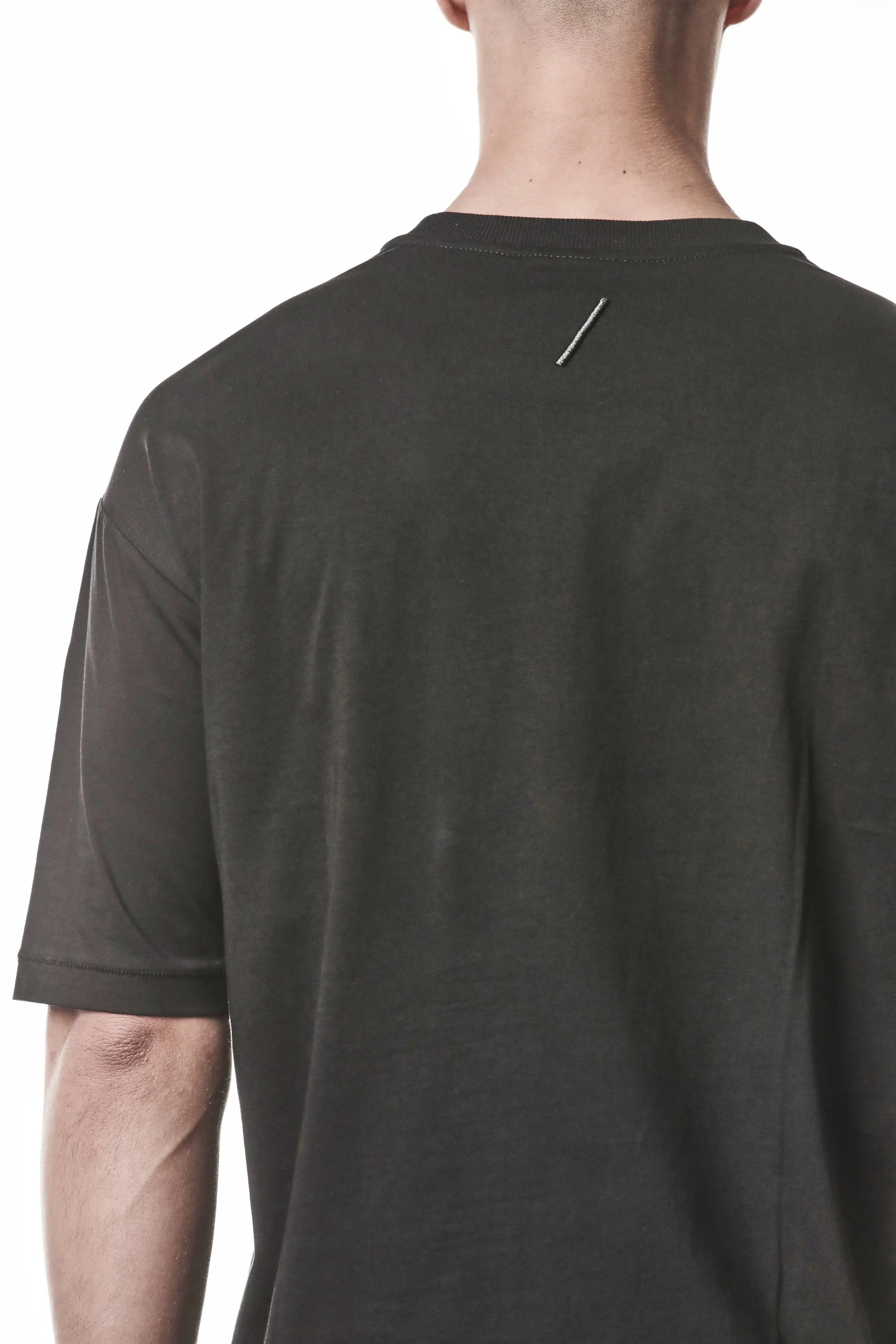 Thom Krom, Mens T-Shirt, Black, Reflective Print, Front Side Print, Short Sleeves, Elastic Cotton, Spandex, 1/2 Sleeves, Crewneck, Round Neck, Thom Krom Logo Close-up. 