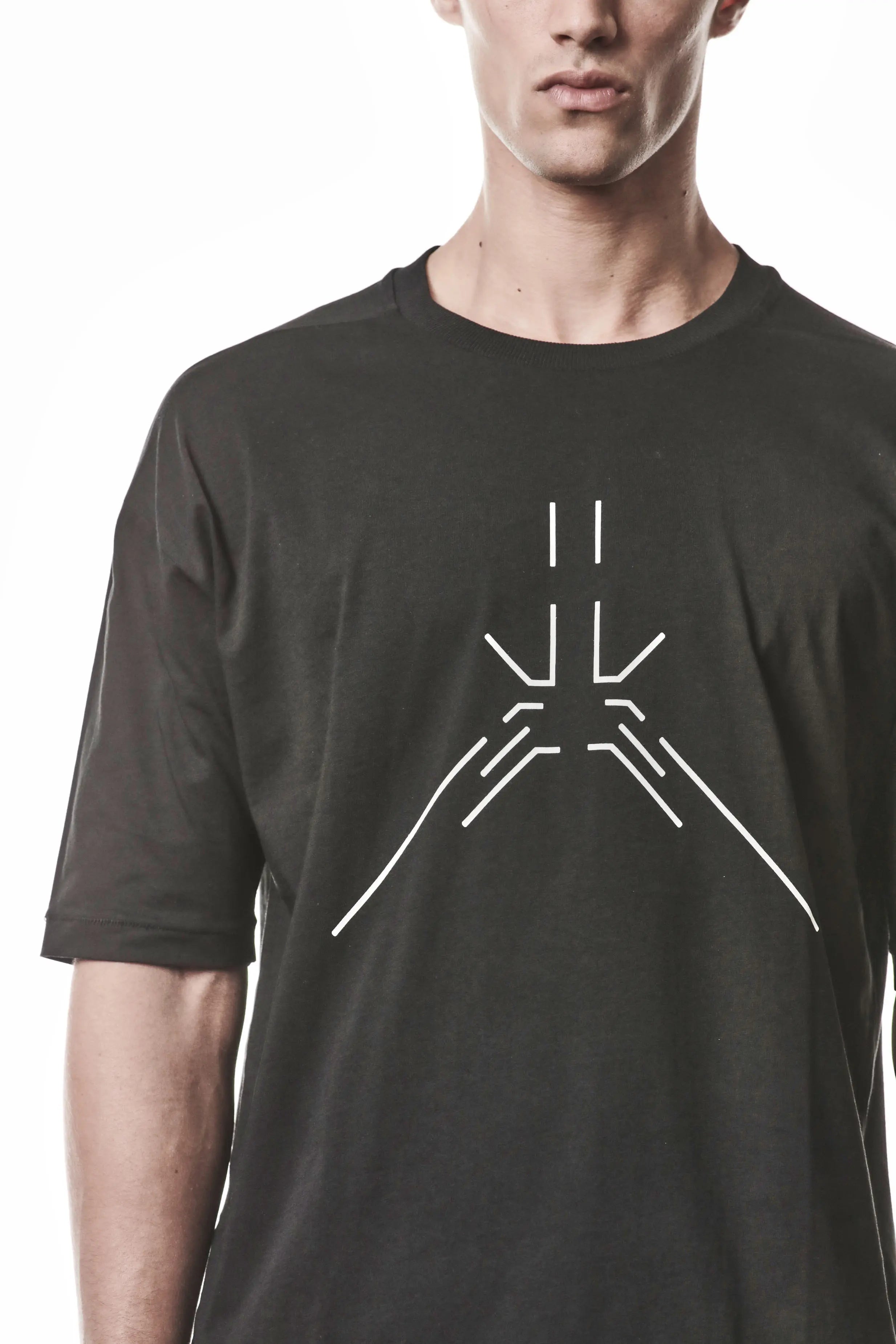 Thom Krom, Mens T-Shirt, Black, Reflective Print, Front Side Print, Short Sleeves, Elastic Cotton, Spandex, 1/2 Sleeves, Crewneck, Round Neck, Print Showcase. 