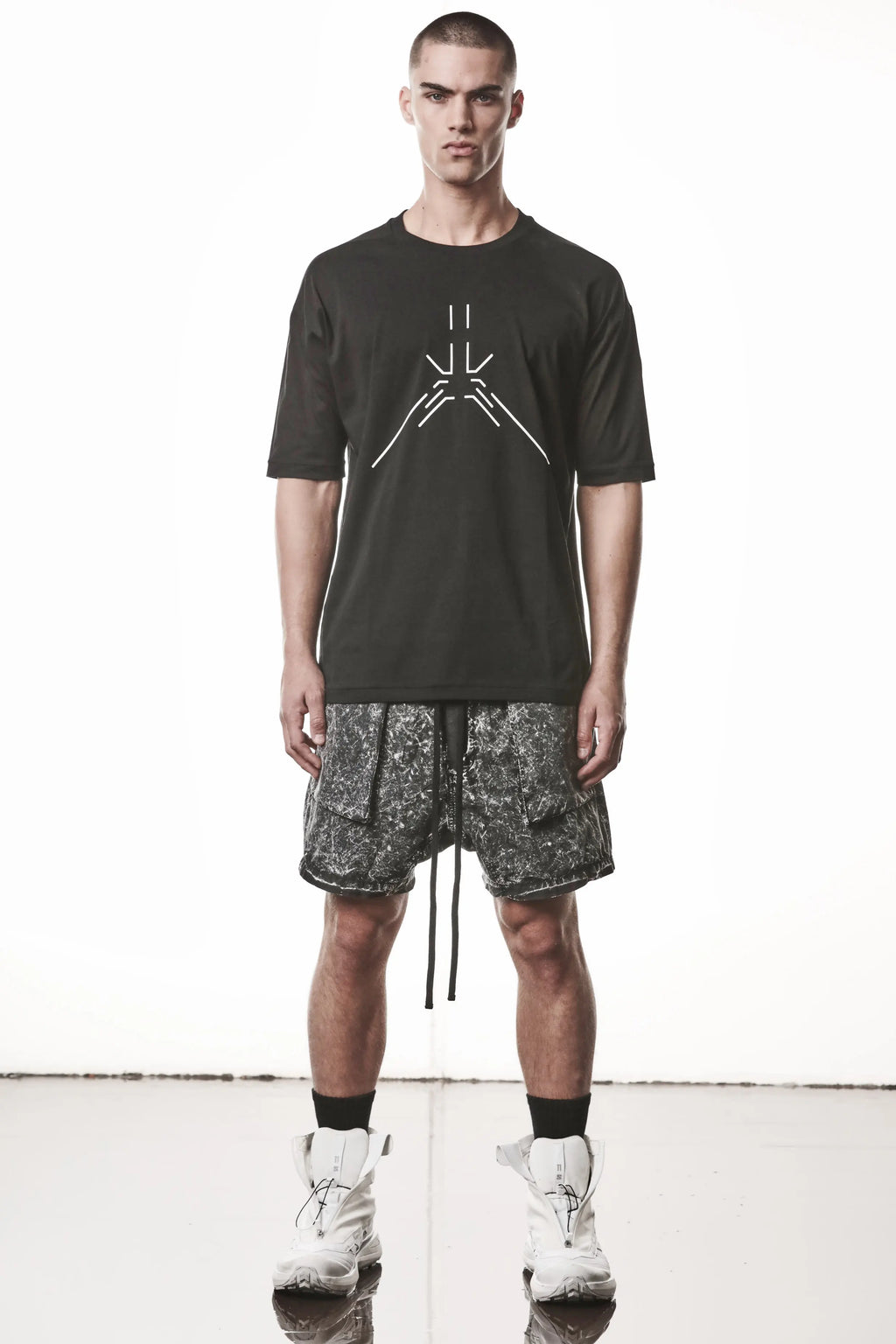 Thom Krom, Mens T-Shirt, Black, Reflective Print, Front Side Print, Short Sleeves, Elastic Cotton, Spandex, 1/2 Sleeves, Crewneck, Round Neck, Full Body View. 