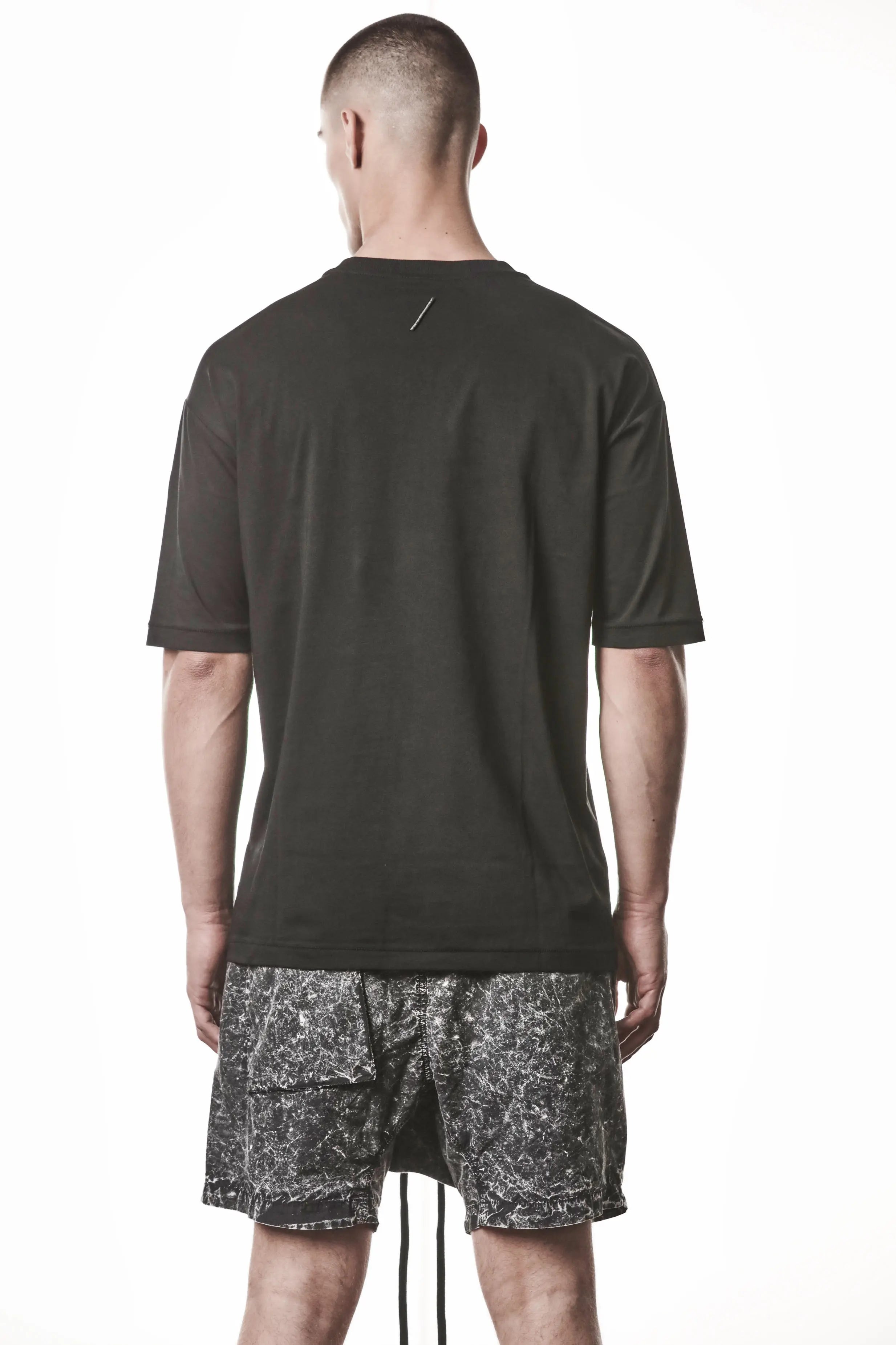 Thom Krom, Mens T-Shirt, Black, Reflective Print, Front Side Print, Short Sleeves, Elastic Cotton, Spandex, 1/2 Sleeves, Crewneck, Round Neck, Back Portrait. 