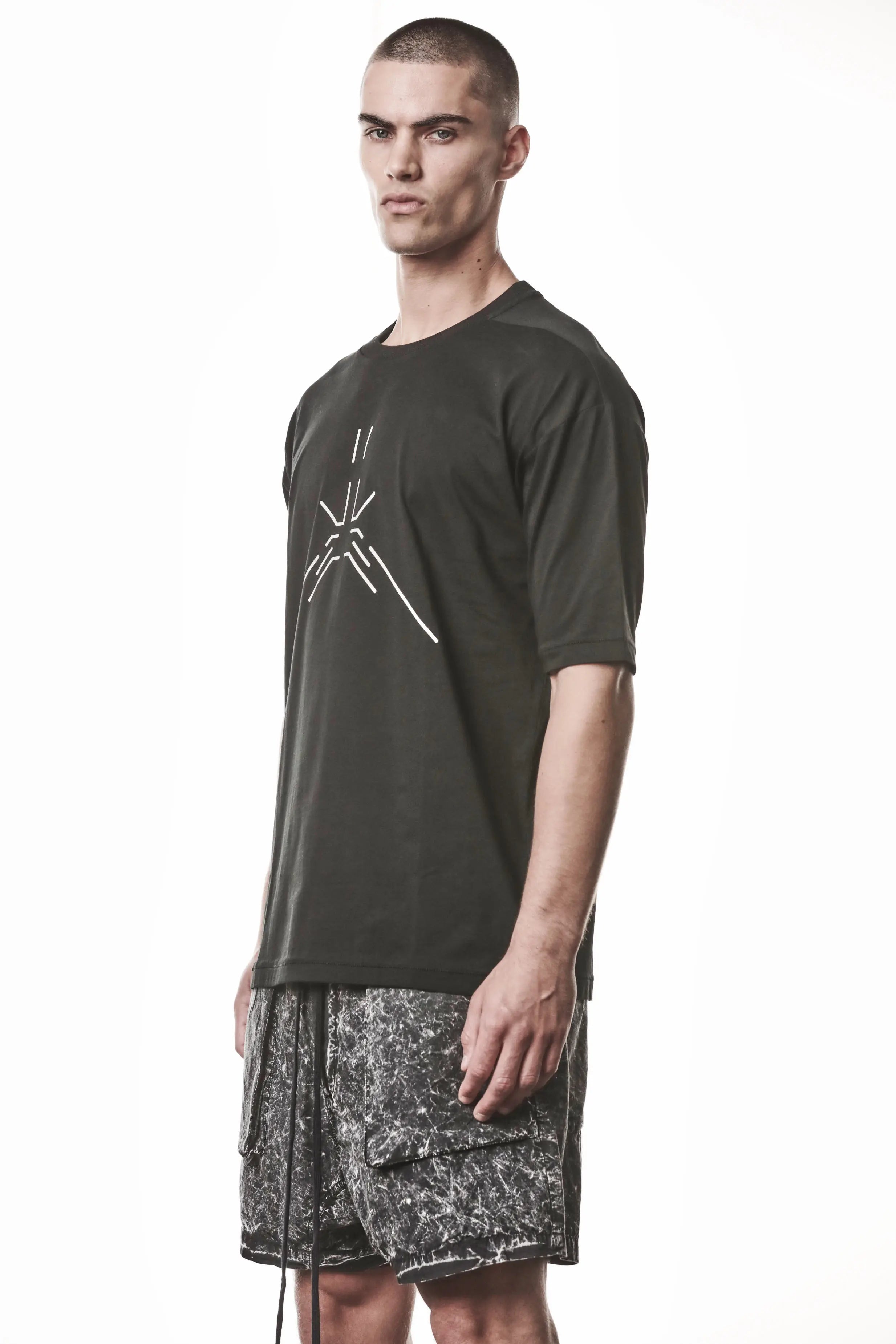 Thom Krom, Mens T-Shirt, Black, Reflective Print, Front Side Print, Short Sleeves, Elastic Cotton, Spandex, 1/2 Sleeves, Crewneck, Round Neck, 3/4 Front View. 