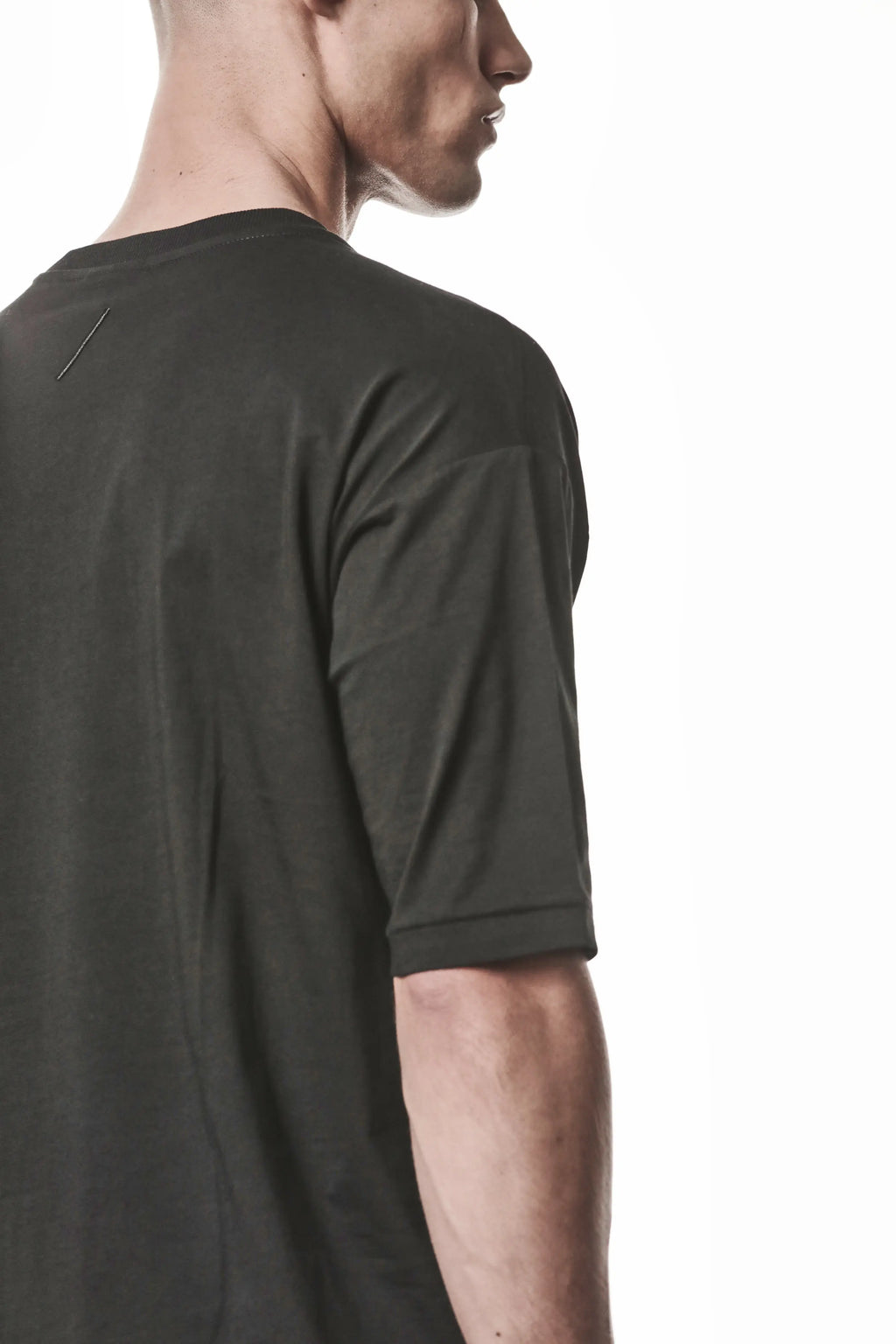 Thom Krom, Mens T-Shirt, Black, Reflective Print, Front Side Print, Short Sleeves, Elastic Cotton, Spandex, 1/2 Sleeves, Crewneck, Round Neck, Sleeve Fit Close-up. 