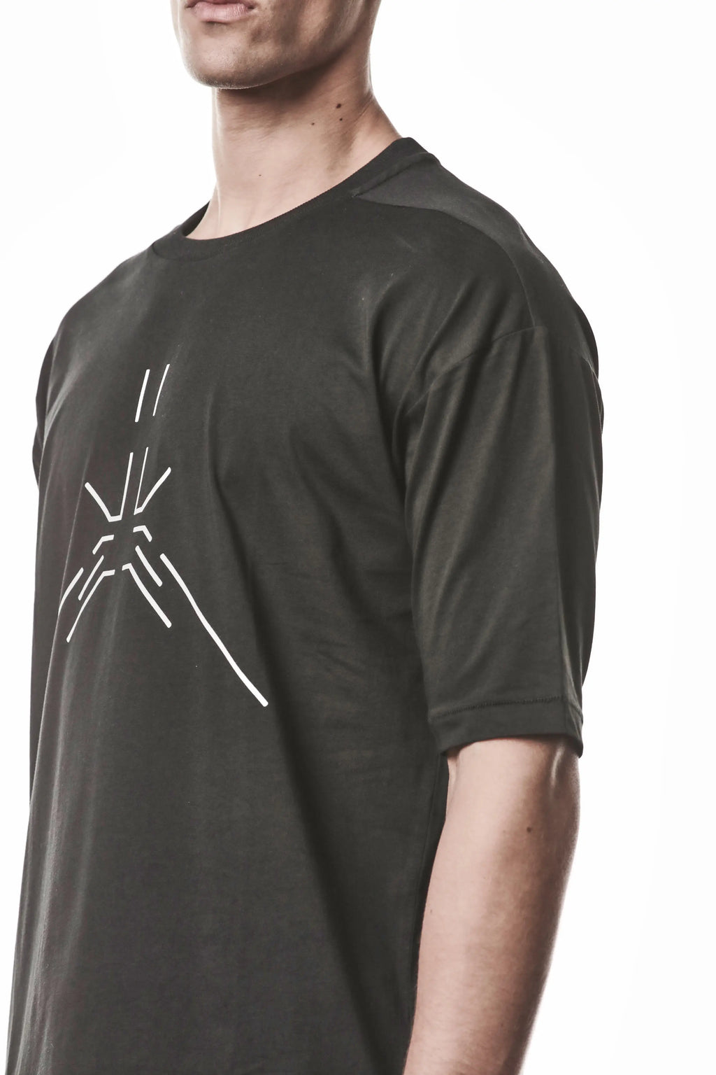 Thom Krom, Mens T-Shirt, Black, Reflective Print, Front Side Print, Short Sleeves, Elastic Cotton, Spandex, 1/2 Sleeves, Crewneck, Round Neck, Fit Showcase Close-up. 