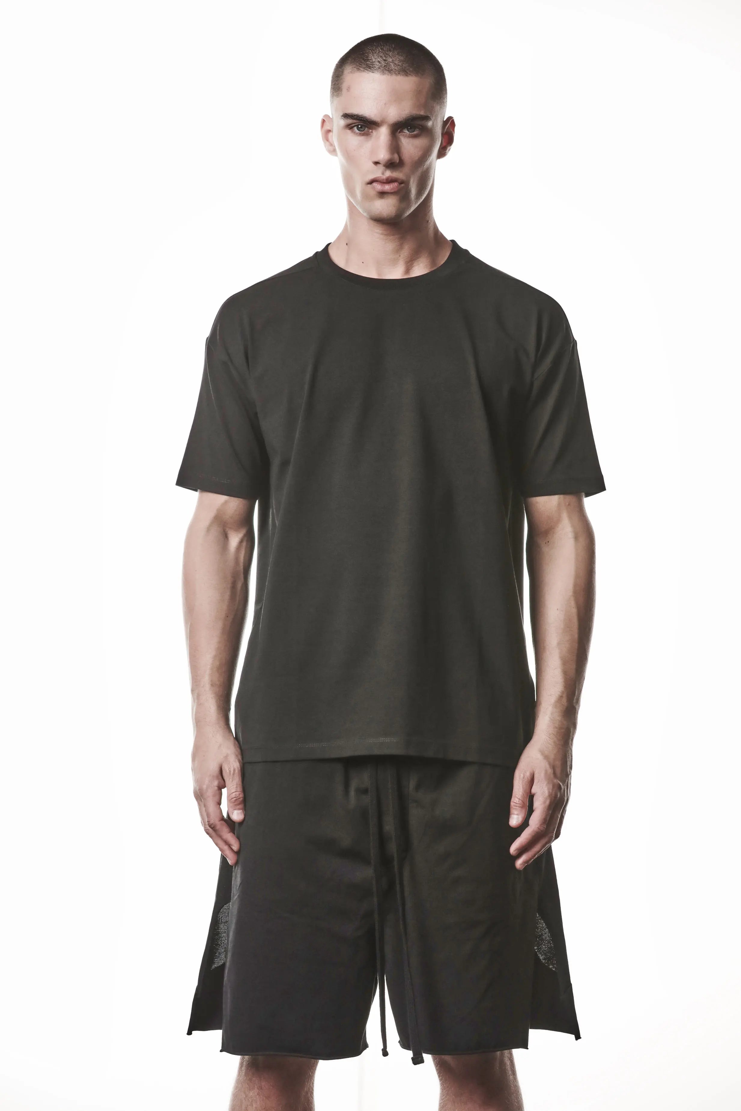 Thom Krom, Mens T-Shirt, Black, Cotton Elastane/Spandex, Short Sleeves, 100% Cotton, Reflective Print, Back Print, Front Portrait. 