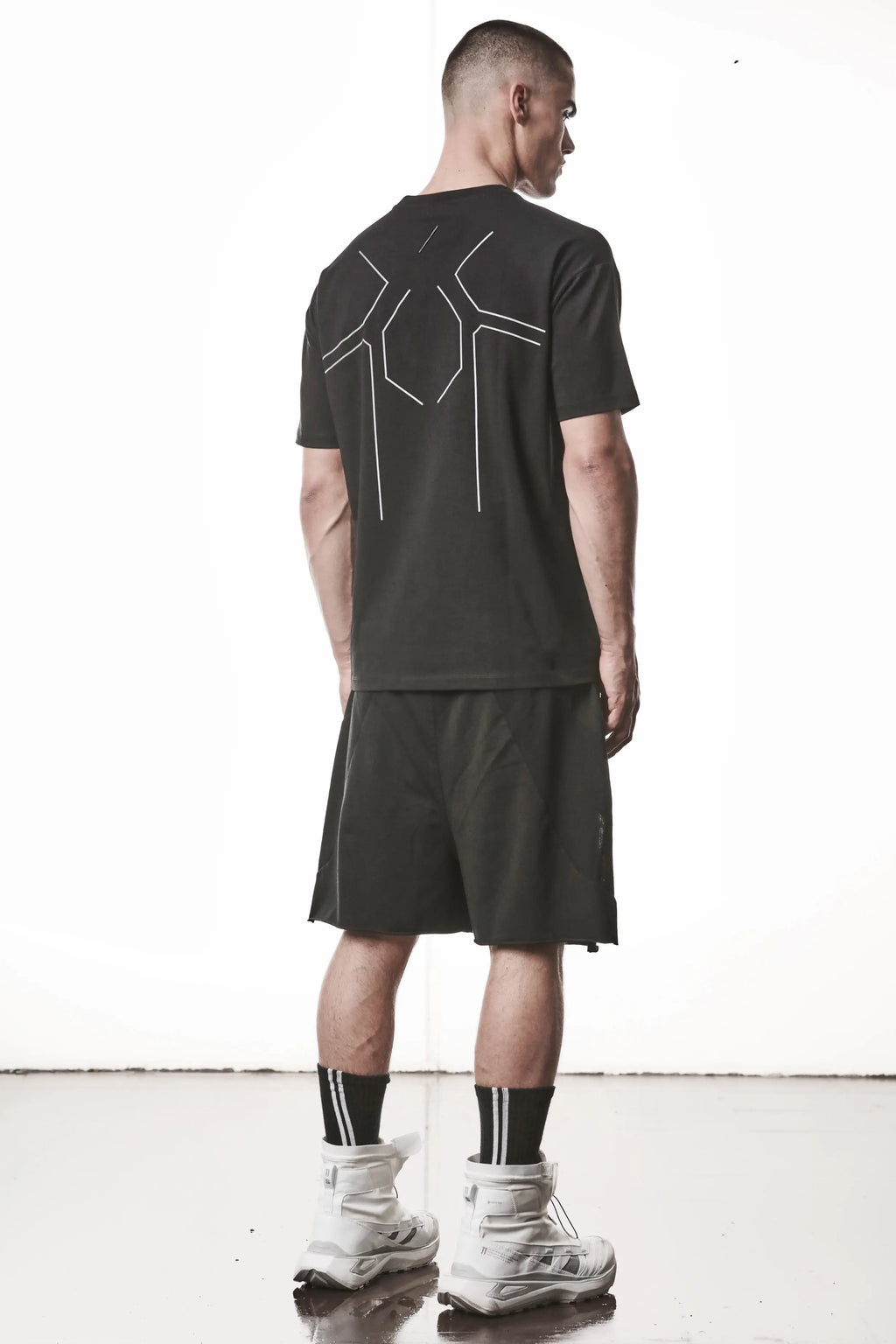 Thom Krom, Mens T-Shirt, Black, Cotton Elastane/Spandex, Short Sleeves, 100% Cotton, Reflective Print, Back Print, Back 3/4 Full Body View. 