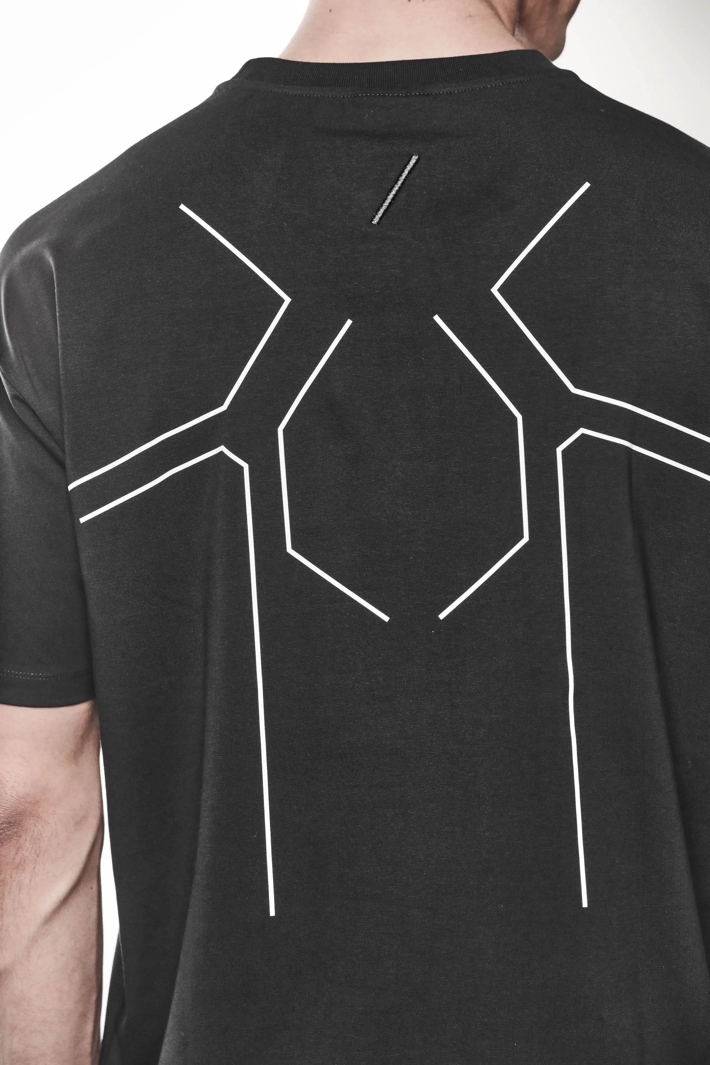 Thom Krom, Mens T-Shirt, Black, Cotton Elastane/Spandex, Short Sleeves, 100% Cotton, Reflective Print, Back Print, Reflective Print Close-up. 