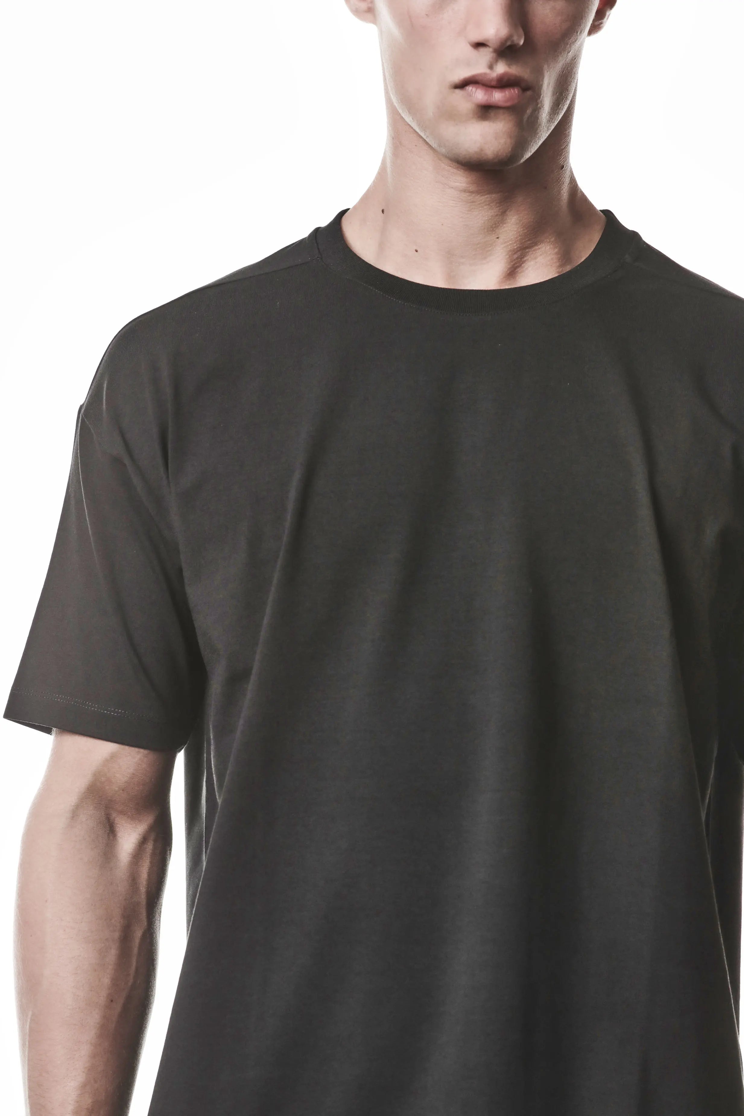 Thom Krom, Mens T-Shirt, Black, Cotton Elastane/Spandex, Short Sleeves, 100% Cotton, Reflective Print, Back Print, Right Sleeve Fit Showcase. 