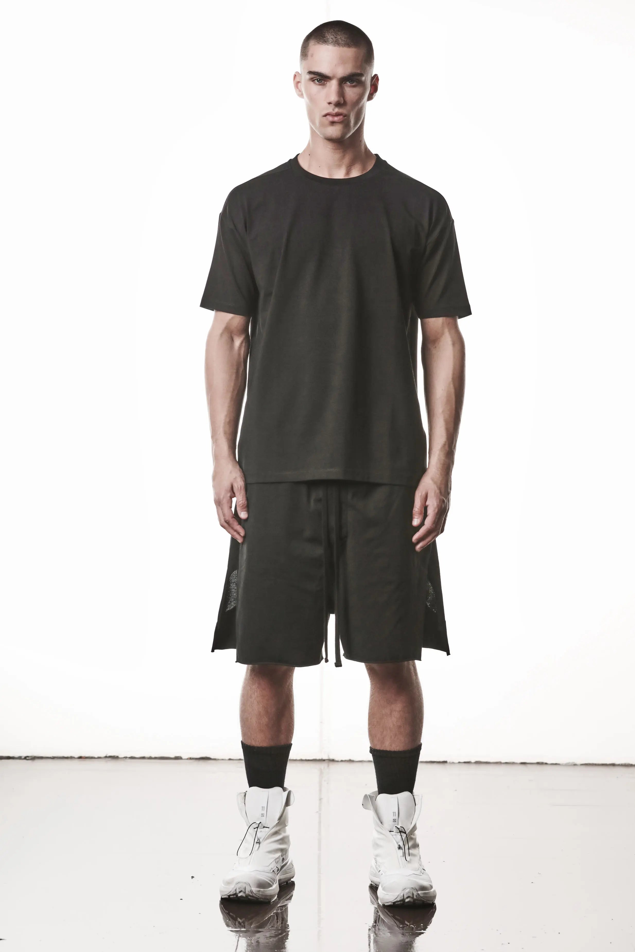 Thom Krom, Mens T-Shirt, Black, Cotton Elastane/Spandex, Short Sleeves, 100% Cotton, Reflective Print, Back Print, Full Body Front View. 