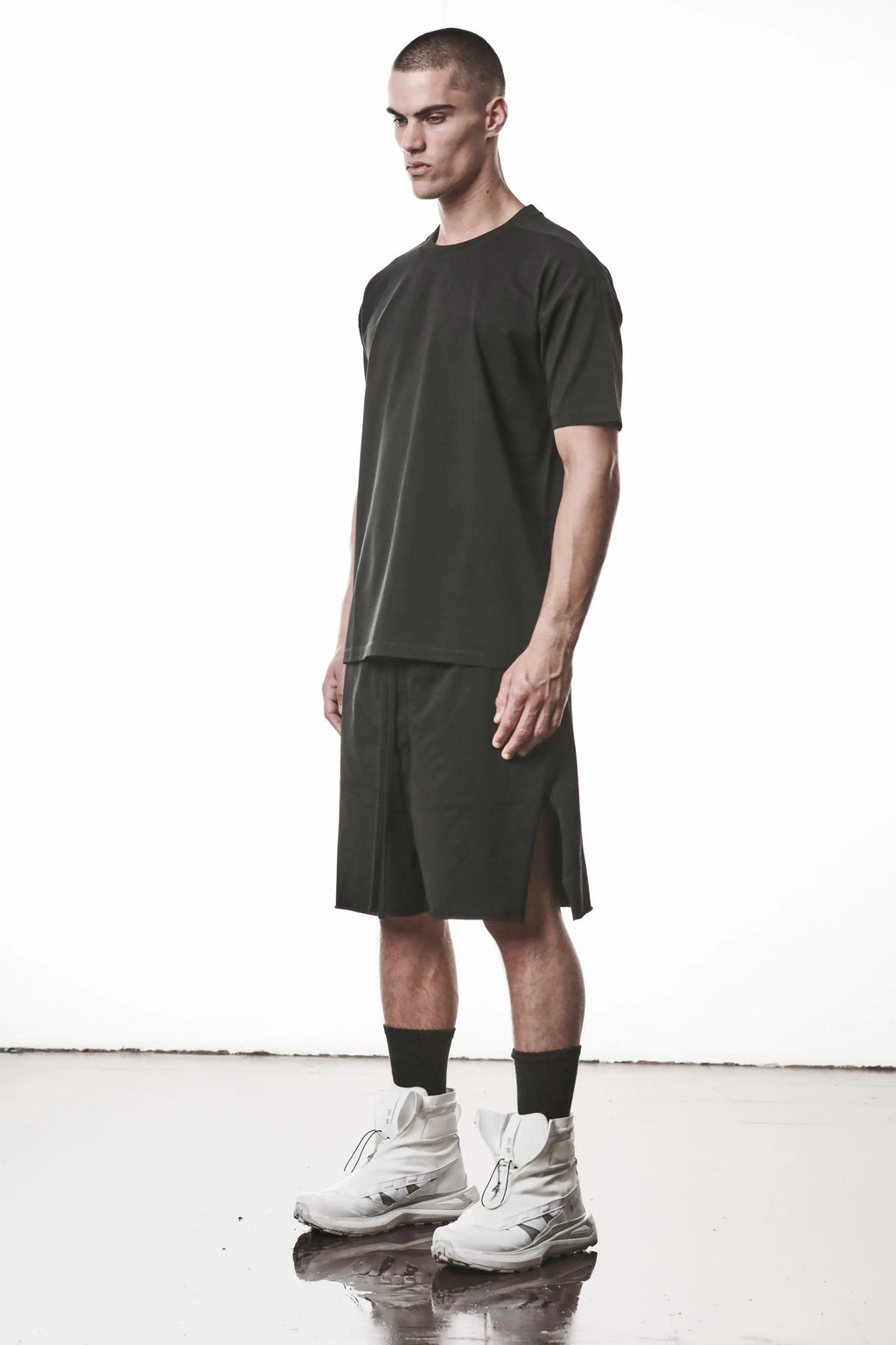 Thom Krom, Mens T-Shirt, Black, Cotton Elastane/Spandex, Short Sleeves, 100% Cotton, Reflective Print, Back Print, 3/4 Full Body Front View. 