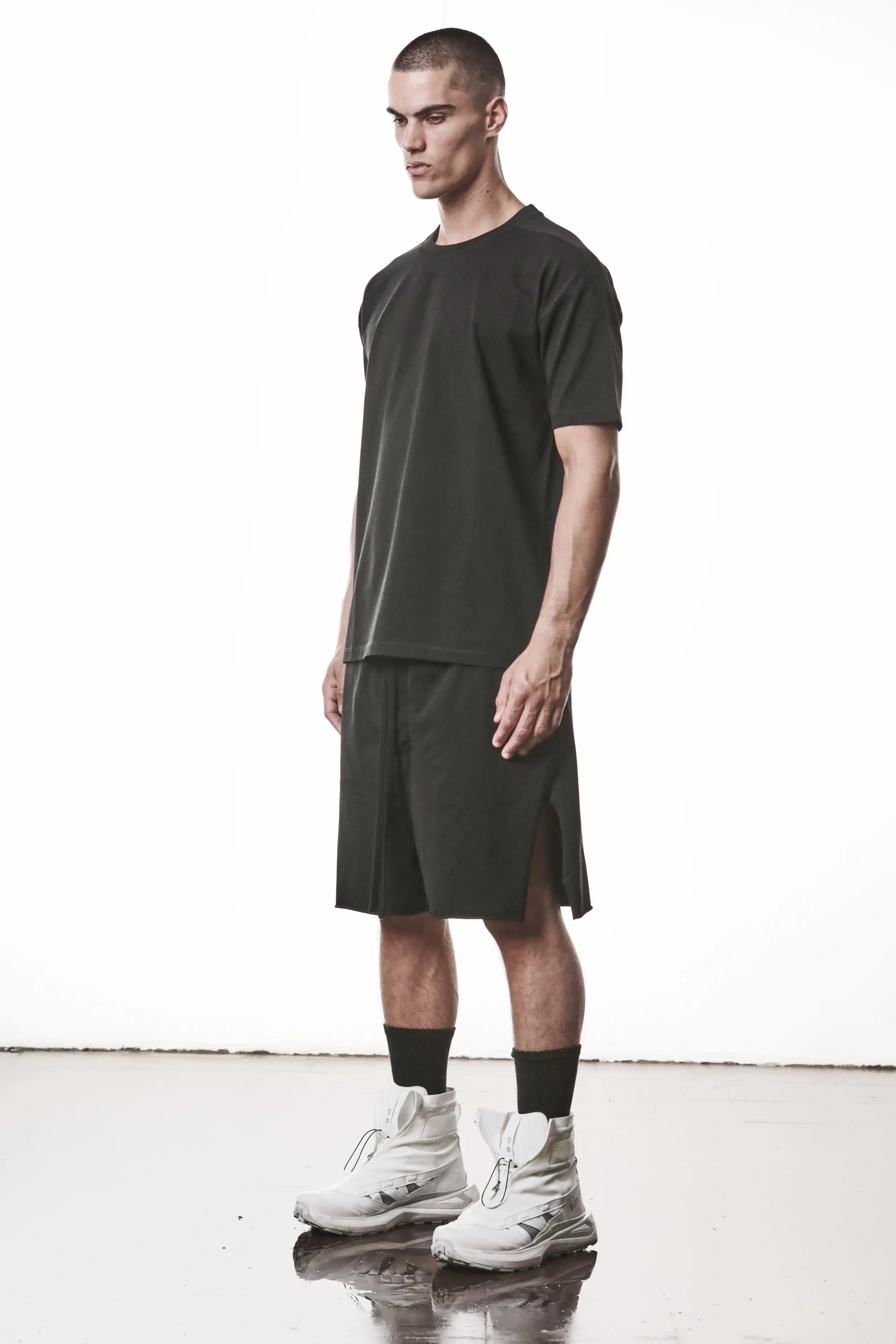 Thom Krom, Mens T-Shirt, Black, Cotton Elastane/Spandex, Short Sleeves, 100% Cotton, Reflective Print, Back Print, 3/4 Full Body Front View. 