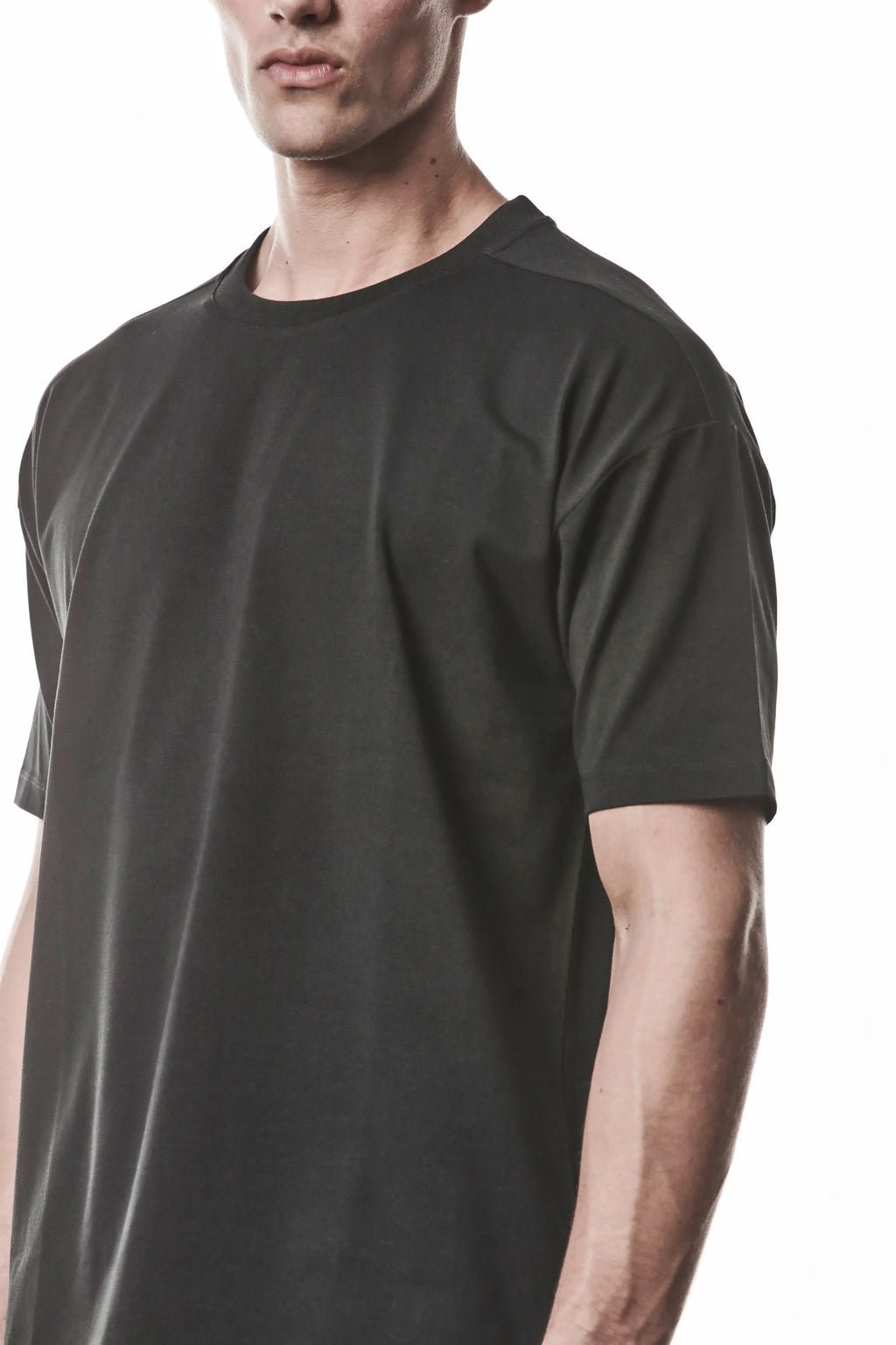 Thom Krom, Mens T-Shirt, Black, Cotton Elastane/Spandex, Short Sleeves, 100% Cotton, Reflective Print, Back Print, 3/4 Close-up View. 