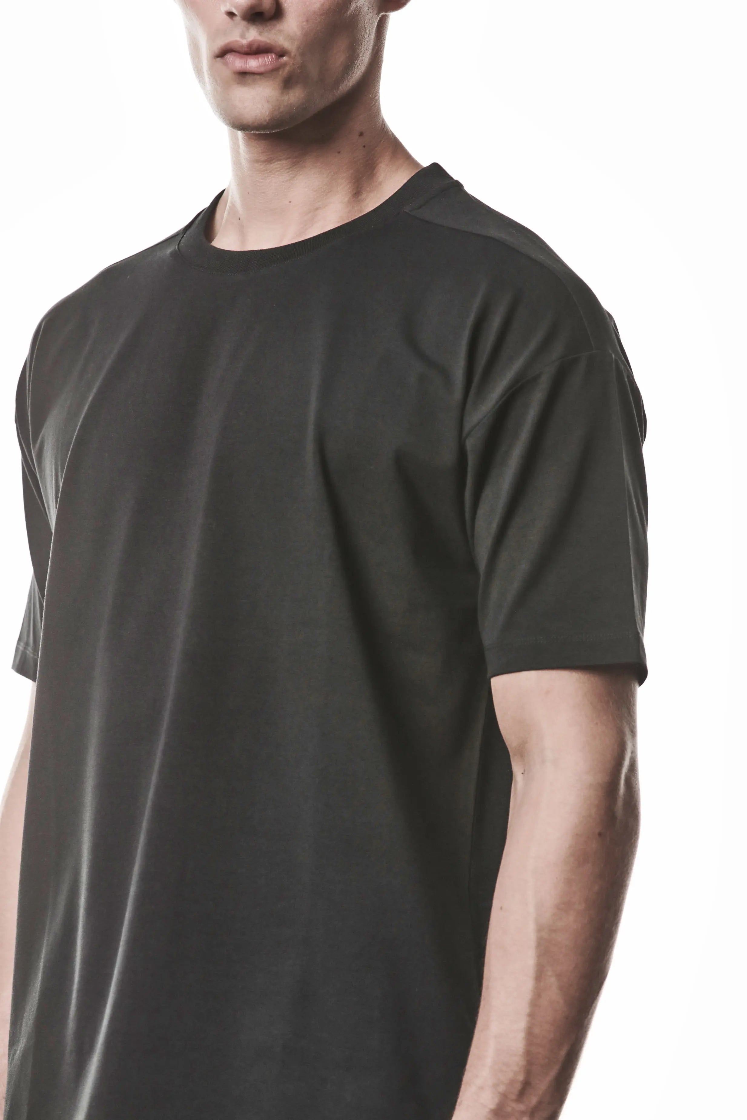 Thom Krom, Mens T-Shirt, Black, Cotton Elastane/Spandex, Short Sleeves, 100% Cotton, Reflective Print, Back Print, 3/4 Close-up View. 