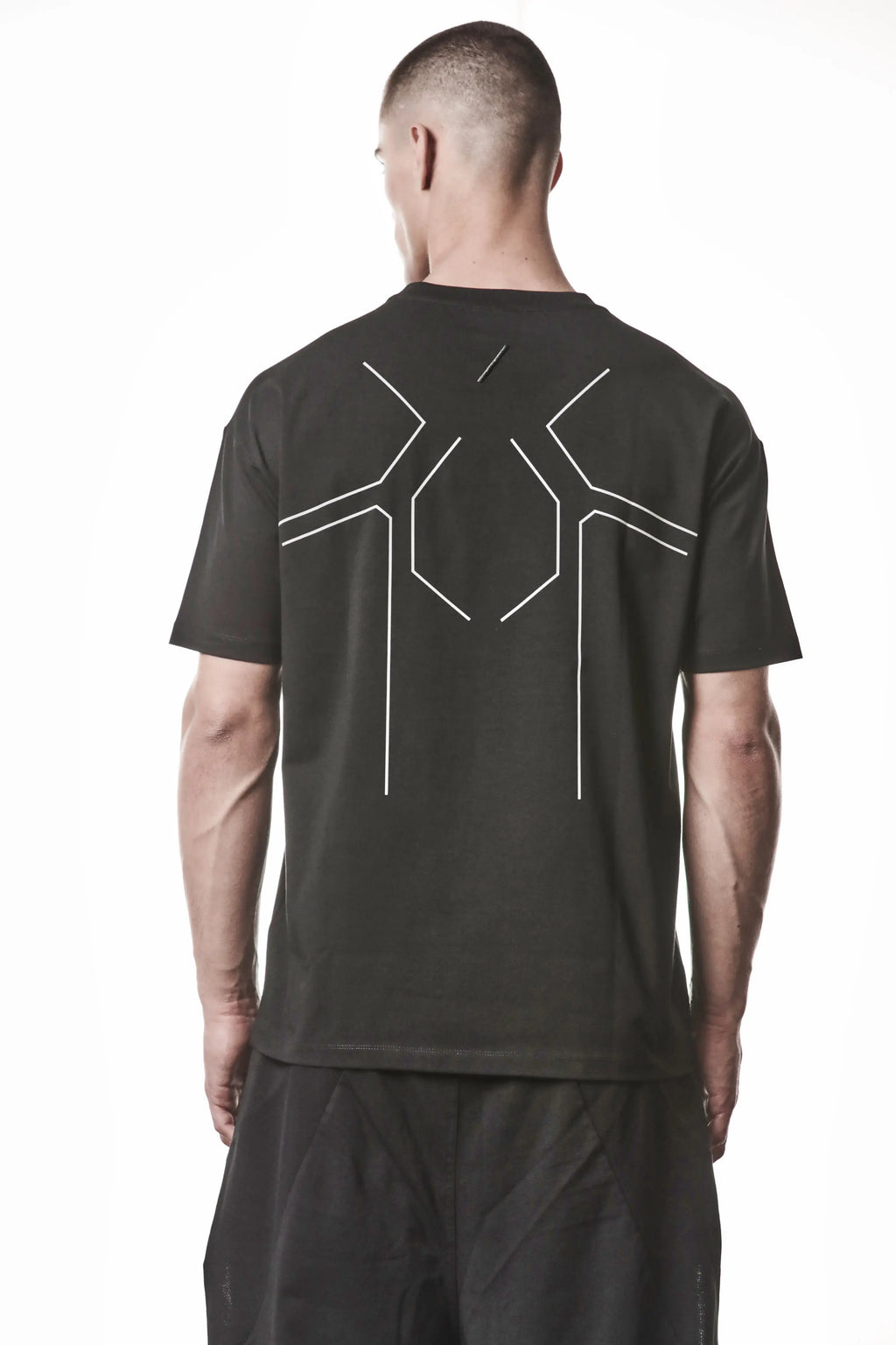 Thom Krom, Mens T-Shirt, Black, Cotton Elastane/Spandex, Short Sleeves, 100% Cotton, Reflective Print, Back Print, Back View Showcasing the print. 