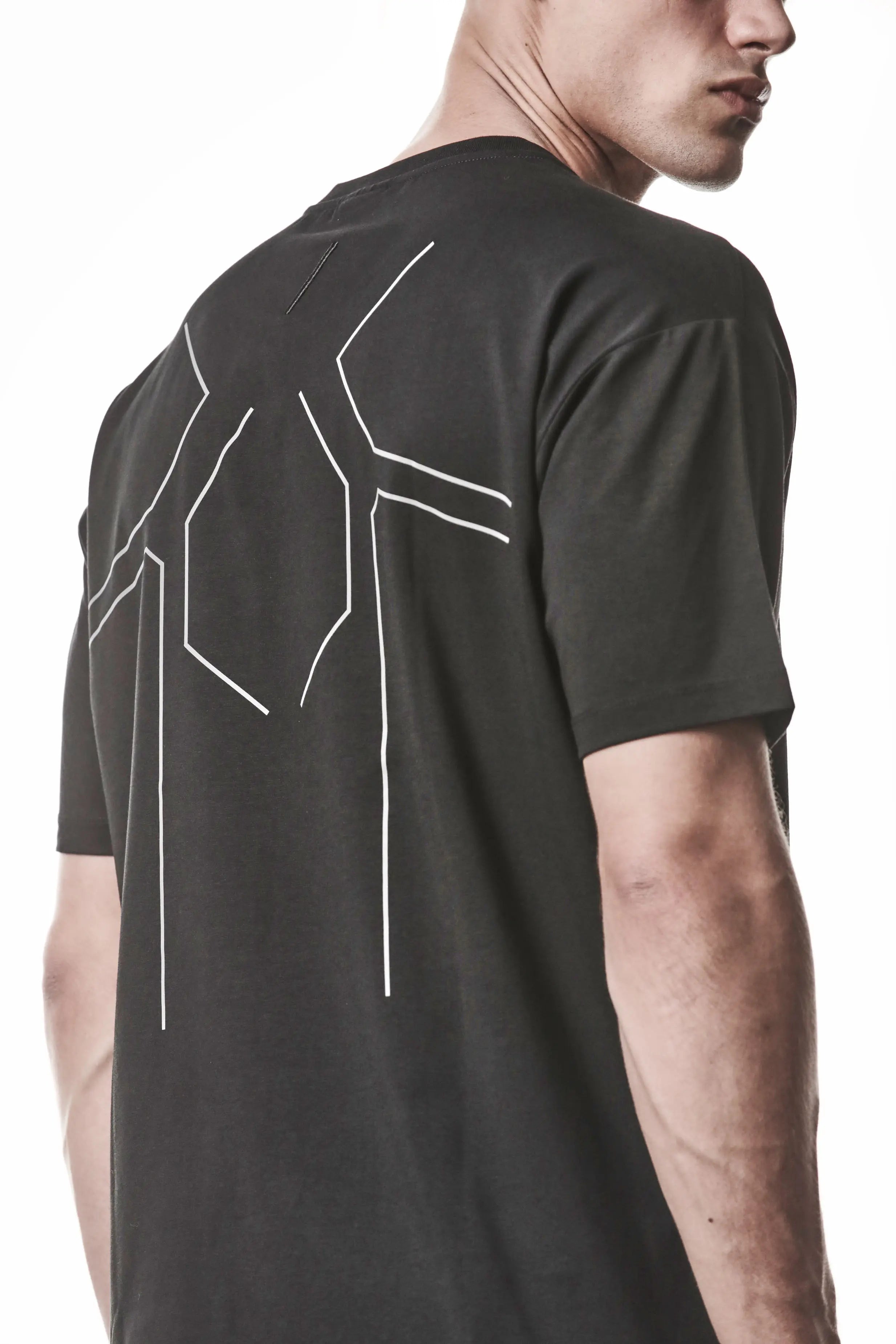 Thom Krom, Mens T-Shirt, Black, Cotton Elastane/Spandex, Short Sleeves, 100% Cotton, Reflective Print, Back Print, Back 3/4 View. 