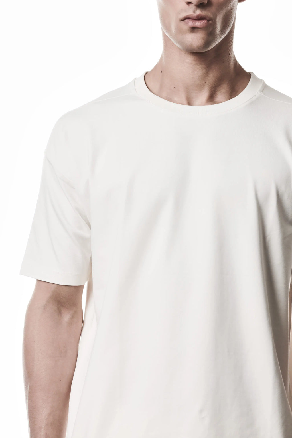 Thom Krom, Mens T-Shirt, White, Cotton Elastane/Spandex, Short Sleeves, 100% Cotton, Reflective Print, Back Print, Right Shoulder Close-up. 