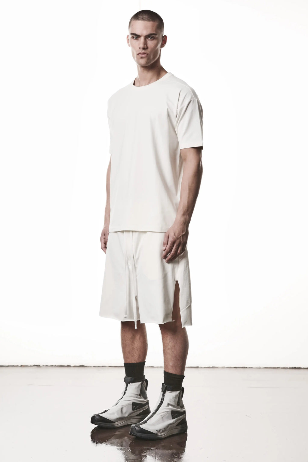 Thom Krom, Mens T-Shirt, White, Cotton Elastane/Spandex, Short Sleeves, 100% Cotton, Reflective Print, Back Print, 3/4 Front View Full Body. 