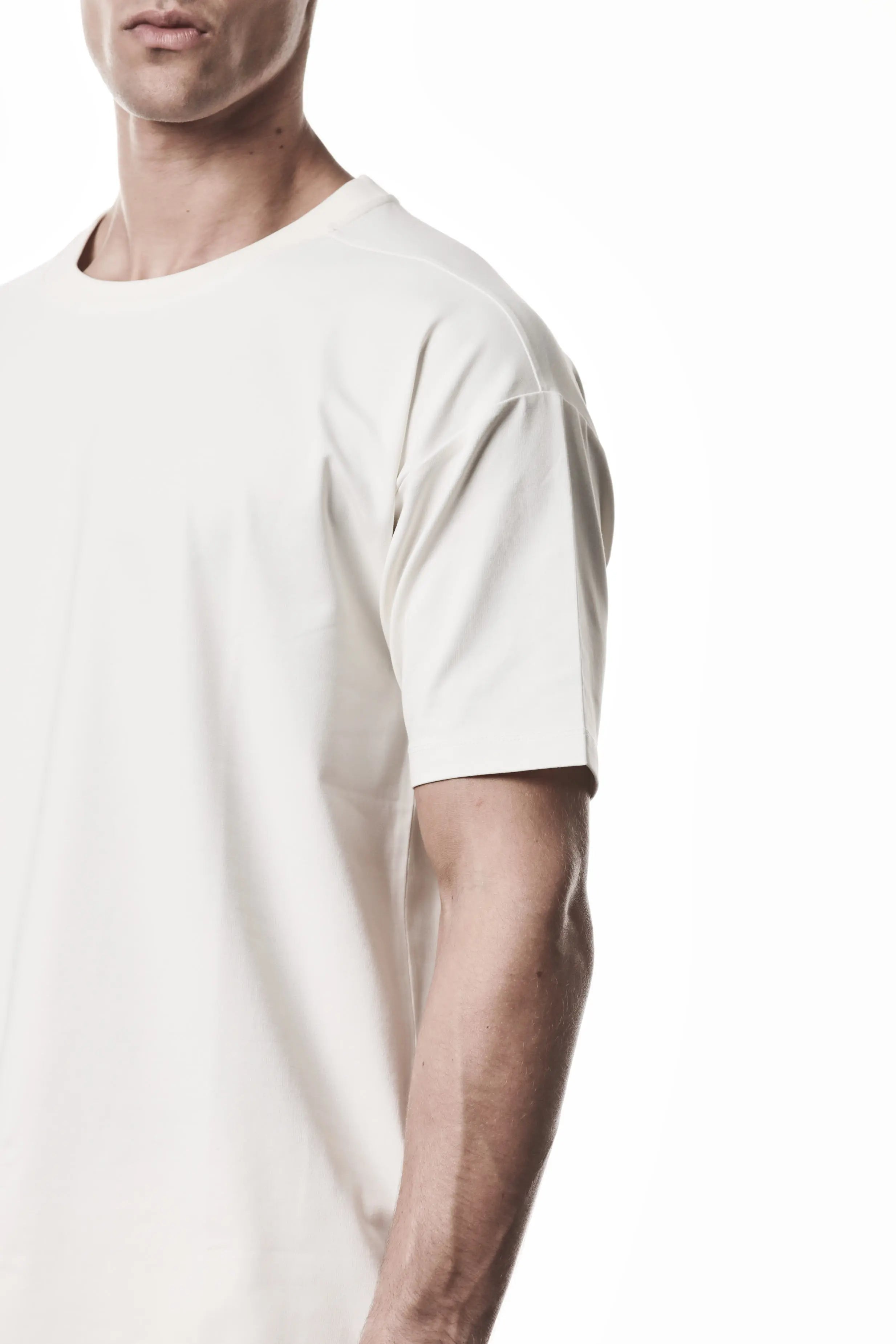 Thom Krom, Mens T-Shirt, White, Cotton Elastane/Spandex, Short Sleeves, 100% Cotton, Reflective Print, Back Print, Left Sleeve Close-up. 