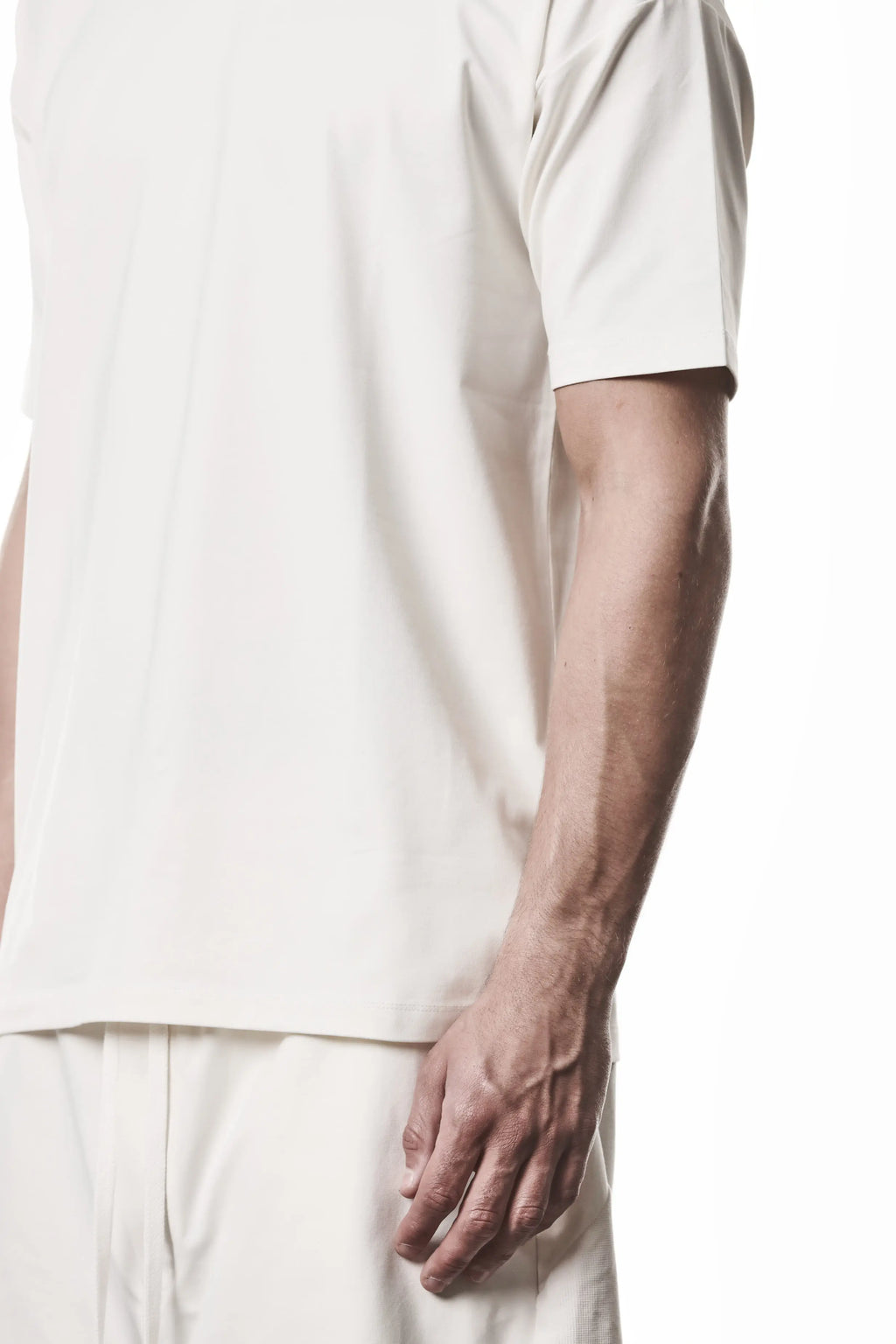 Thom Krom, Mens T-Shirt, White, Cotton Elastane/Spandex, Short Sleeves, 100% Cotton, Reflective Print, Back Print, Body Close-up. 