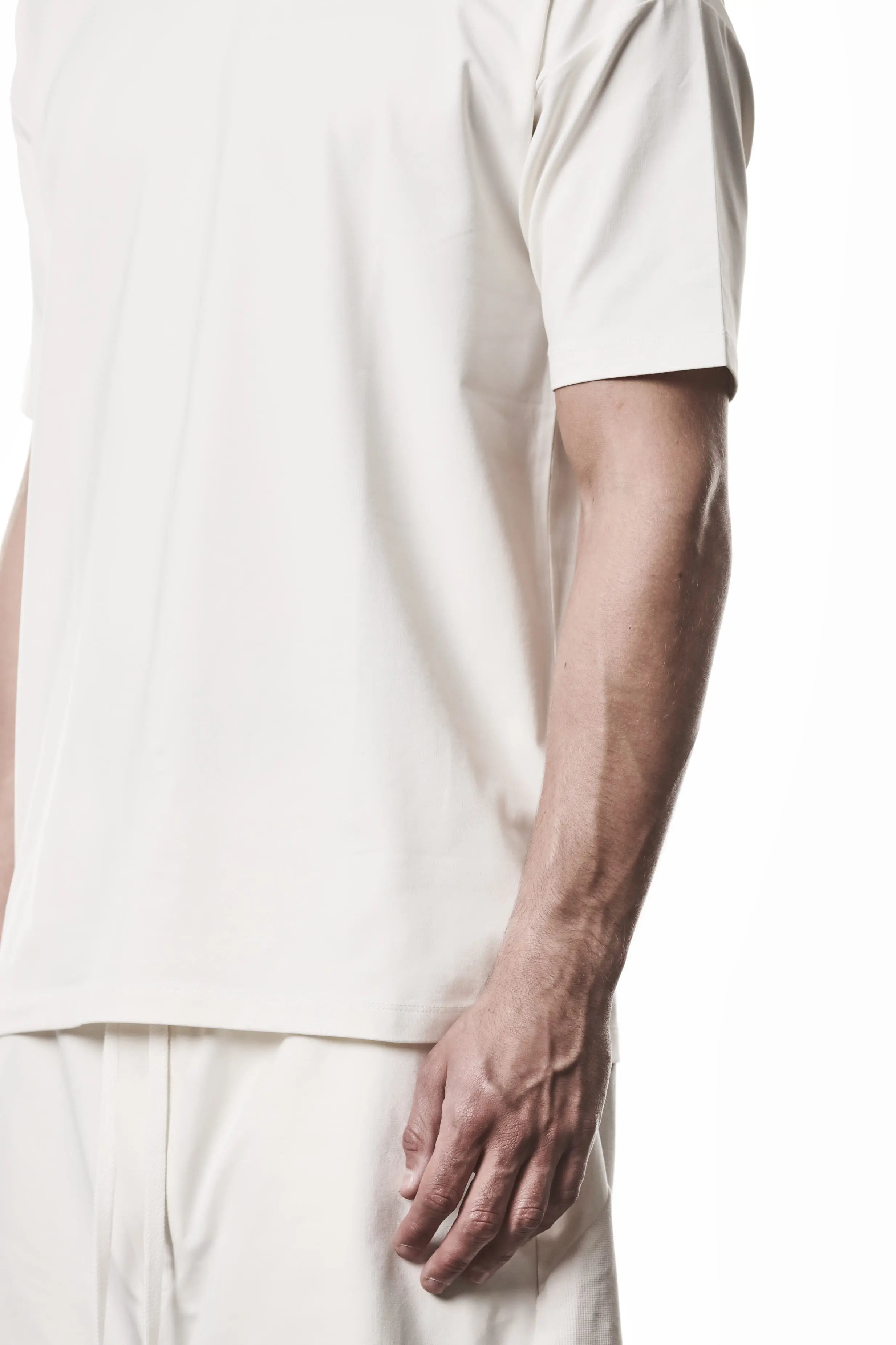 Thom Krom, Mens T-Shirt, White, Cotton Elastane/Spandex, Short Sleeves, 100% Cotton, Reflective Print, Back Print, Body Close-up. 