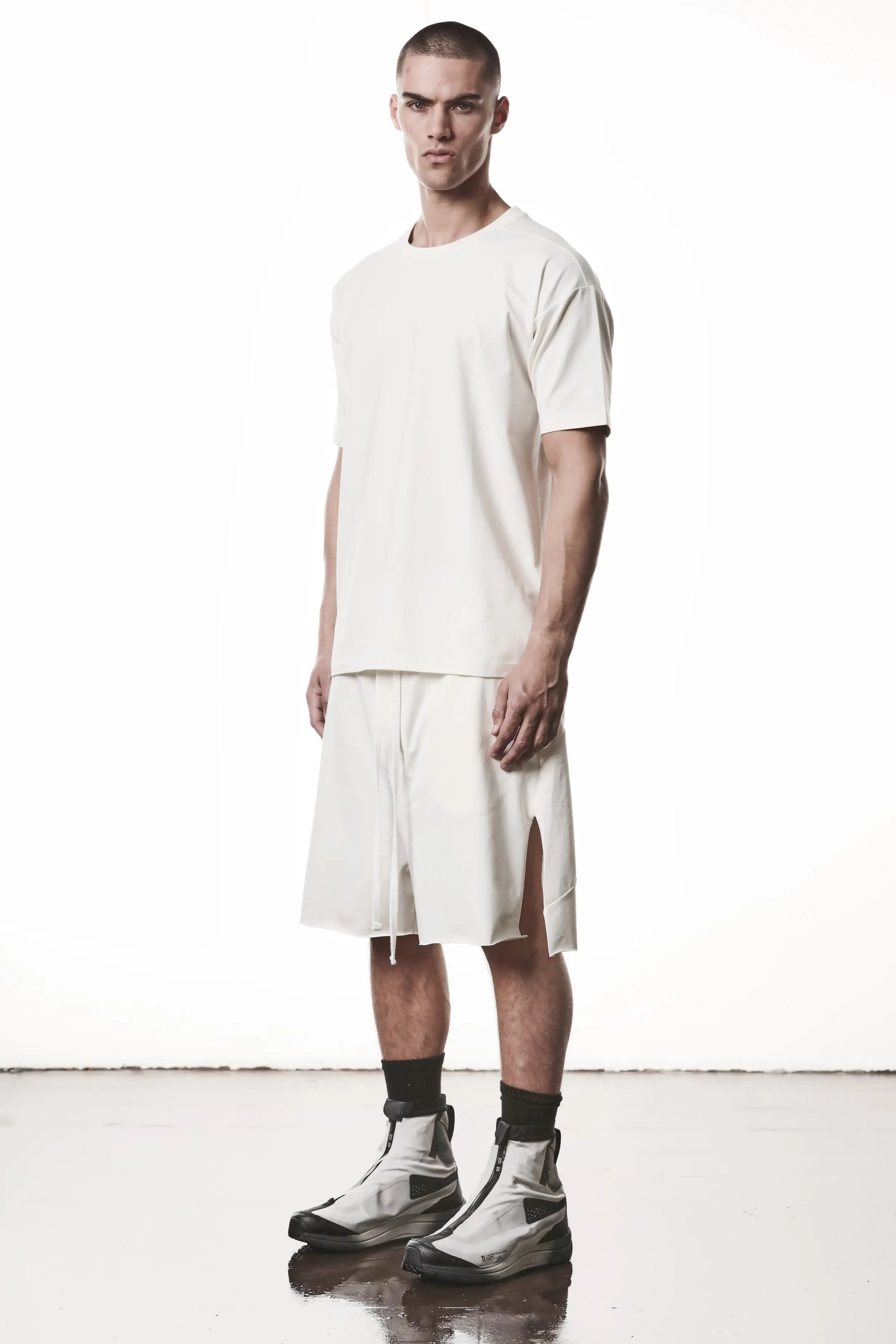 Thom Krom, Mens T-Shirt, White, Cotton Elastane/Spandex, Short Sleeves, 100% Cotton, Reflective Print, Back Print, 3/4 Full Body Photo. 